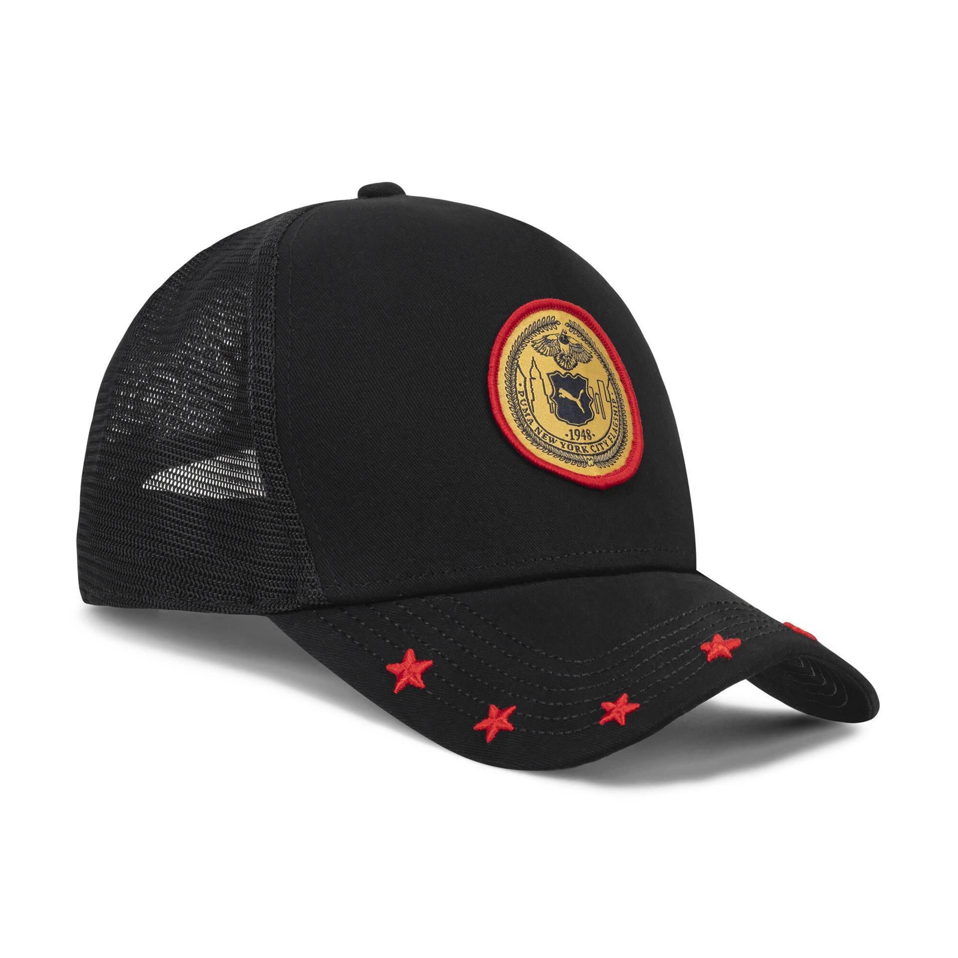 puma nyc crest trucker hat in black