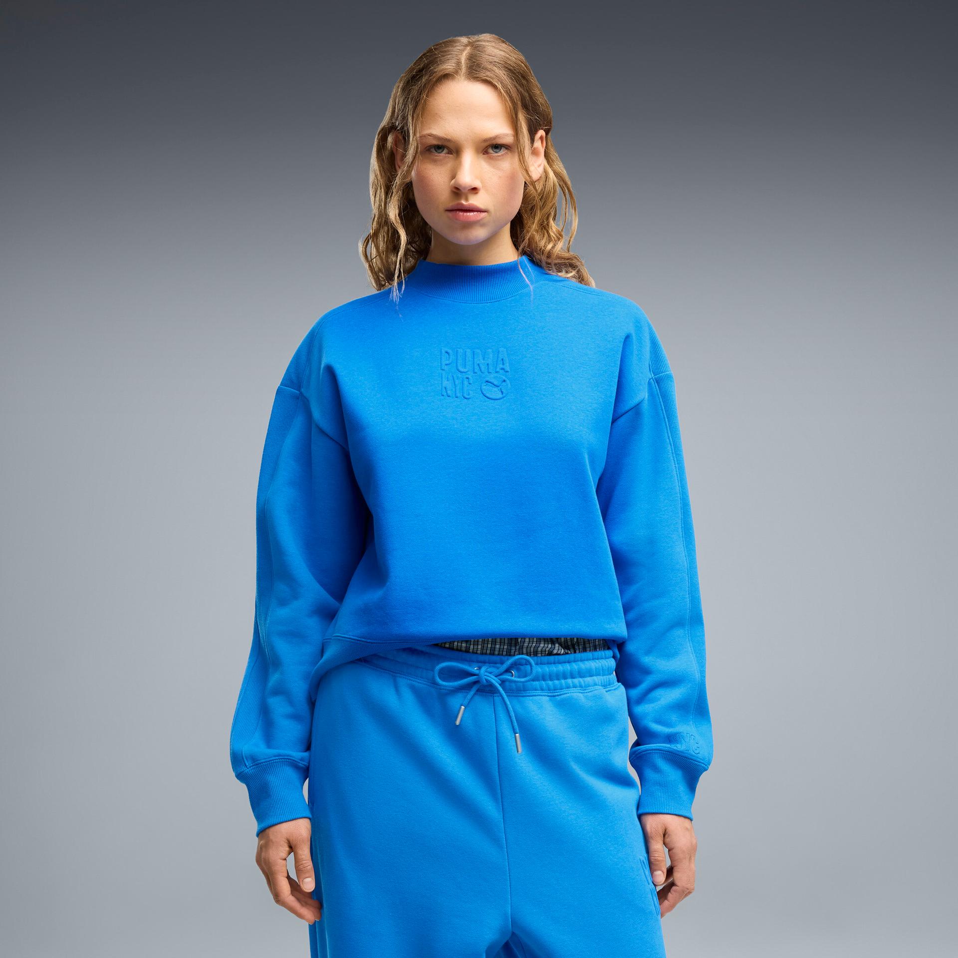 puma nyc women's mock neck crew sweatshirt in blue, size s