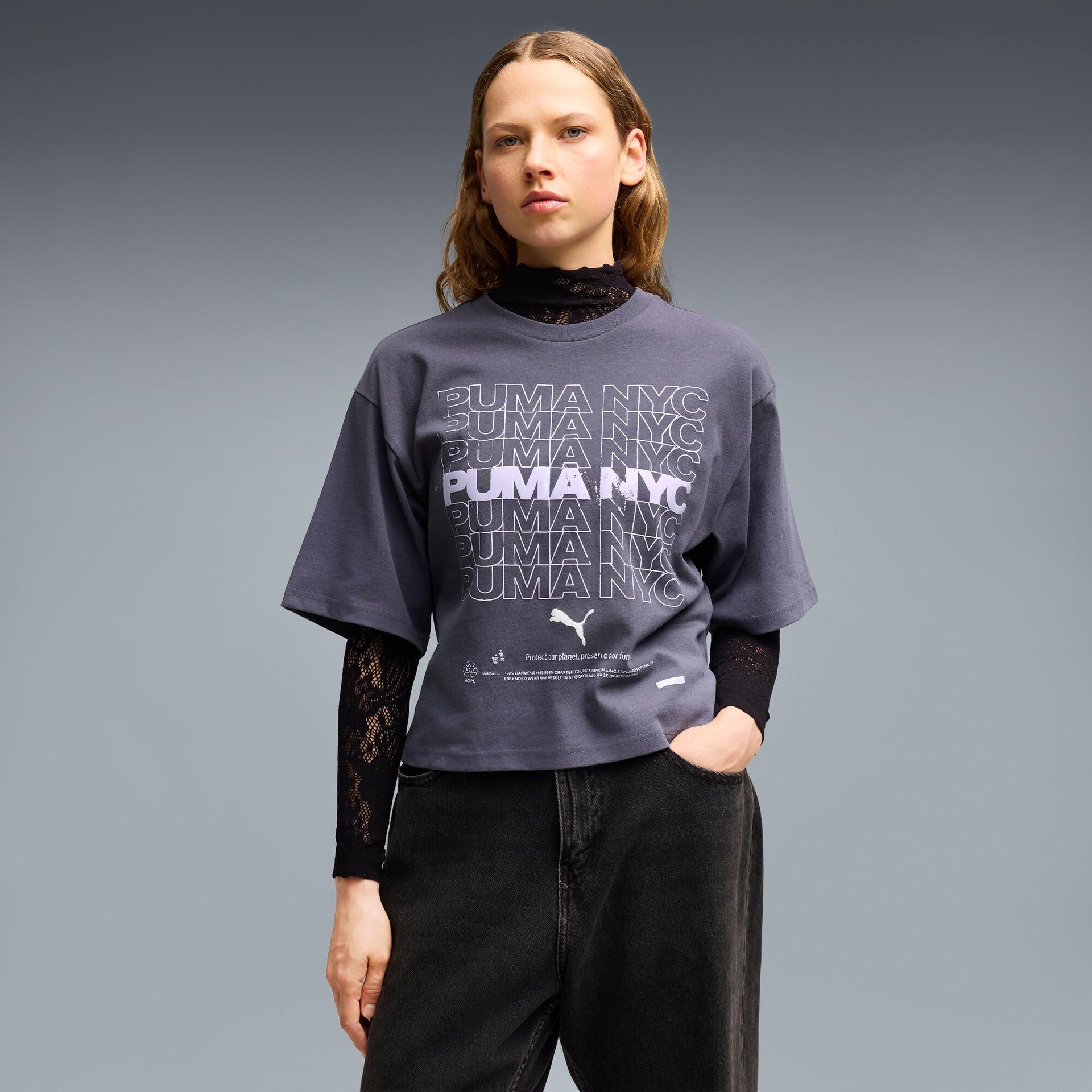 puma nyc women's oversized graphic t-shirt in grey, size xl