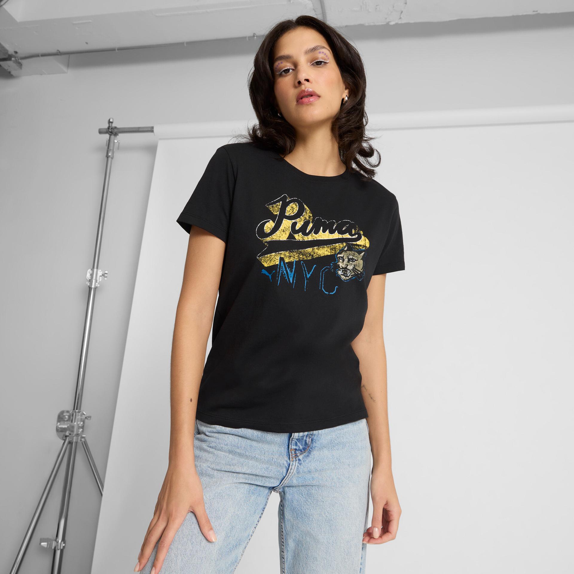 puma nyc women's t-shirt in black, size xs