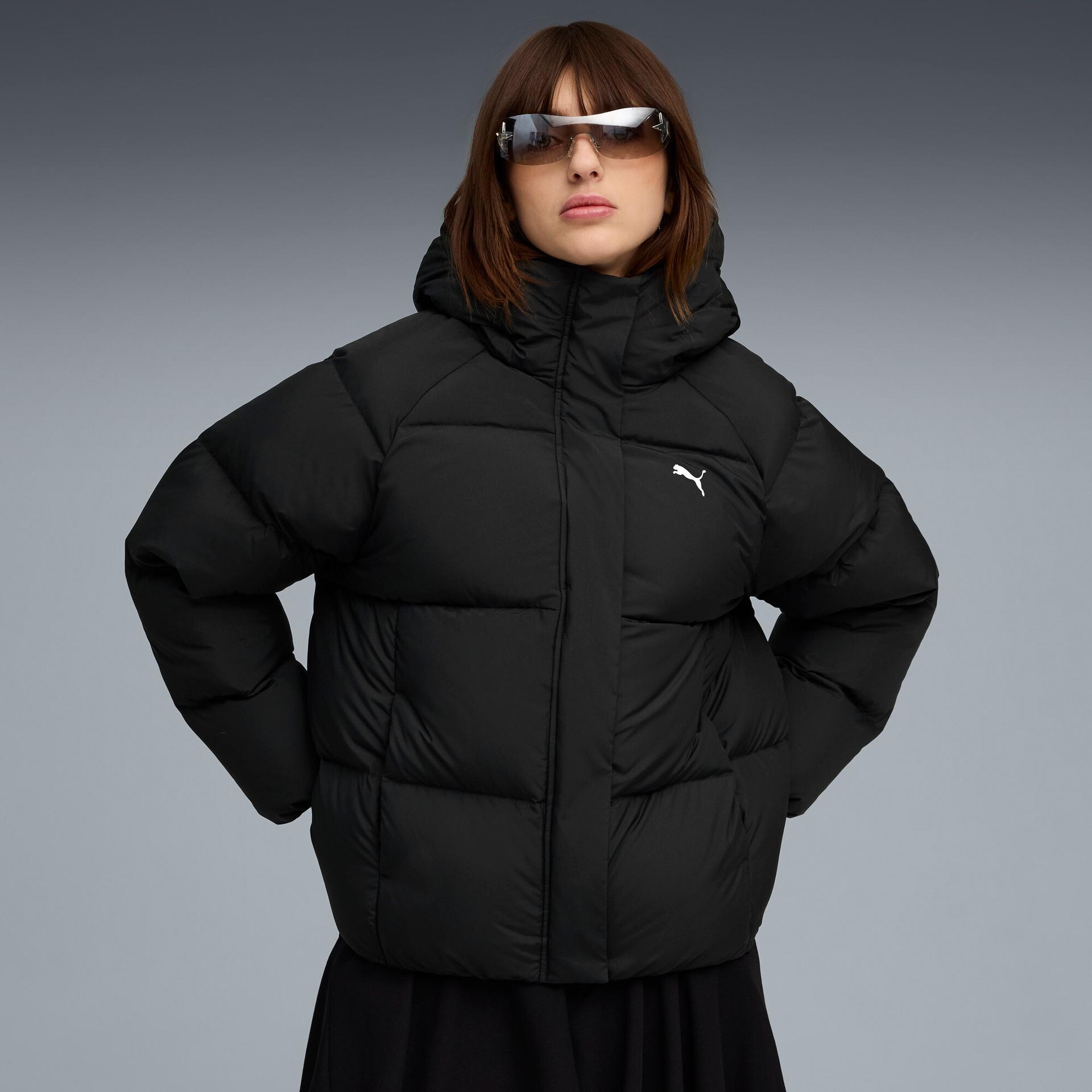 puma outerwear women's hooded down puffer in black, size m