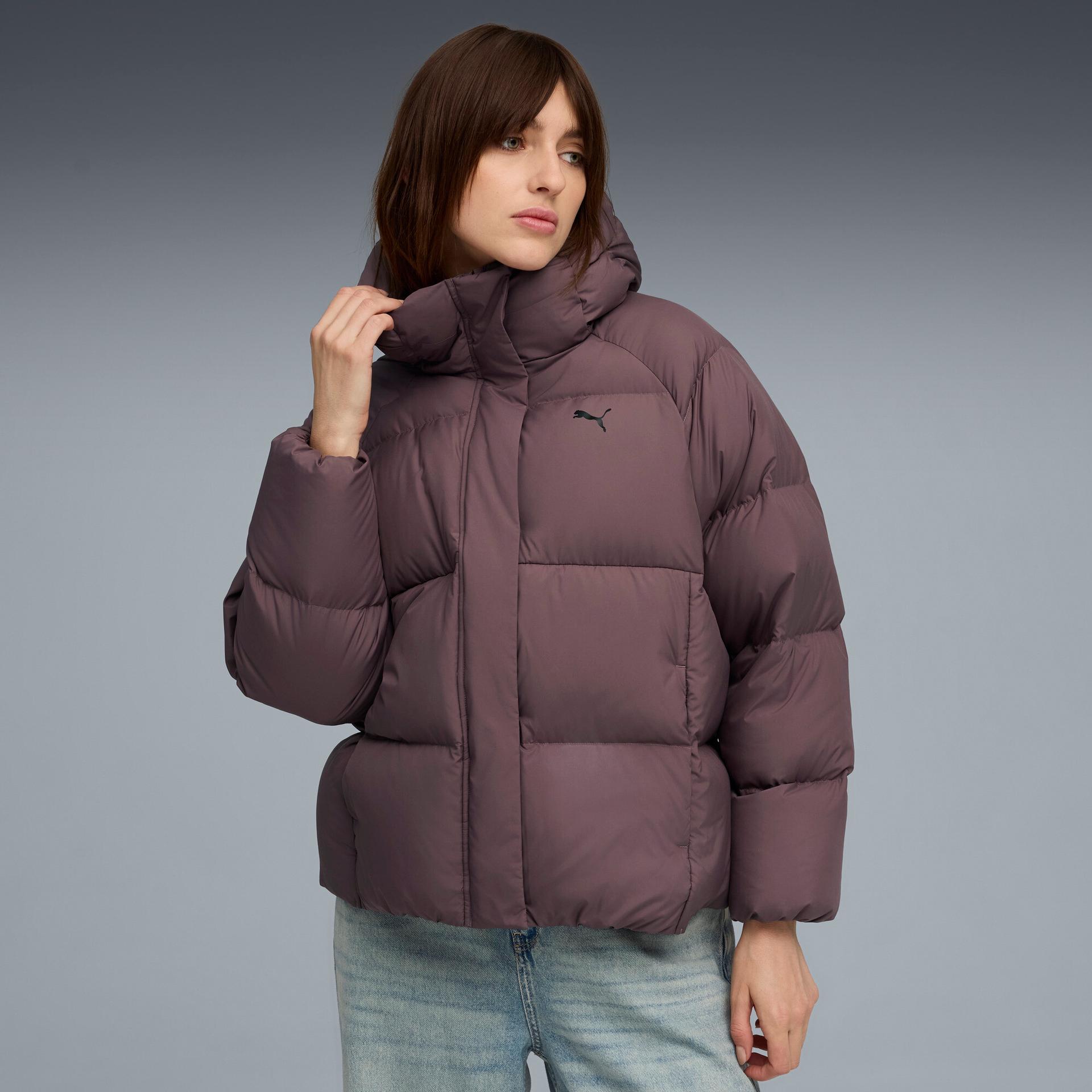 puma outerwear women's hooded down puffer in purple, size m