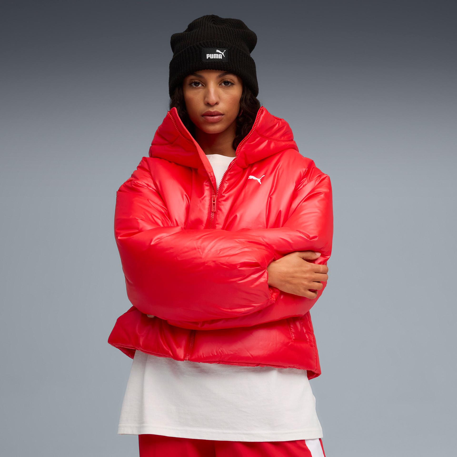 puma outerwear women's hooded insulated jacket in red, size s