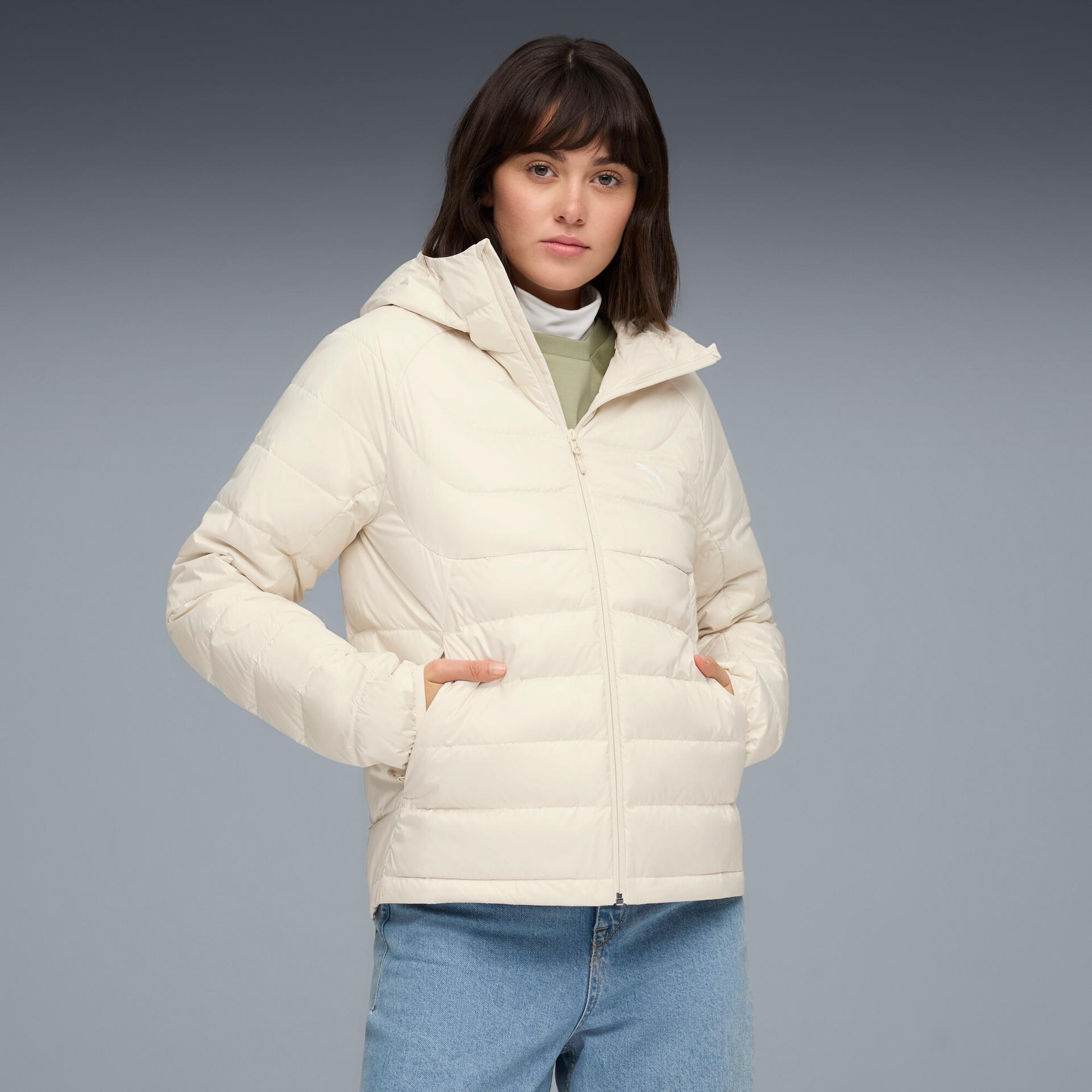 puma packlite women's down hooded jacket in white, size xs
