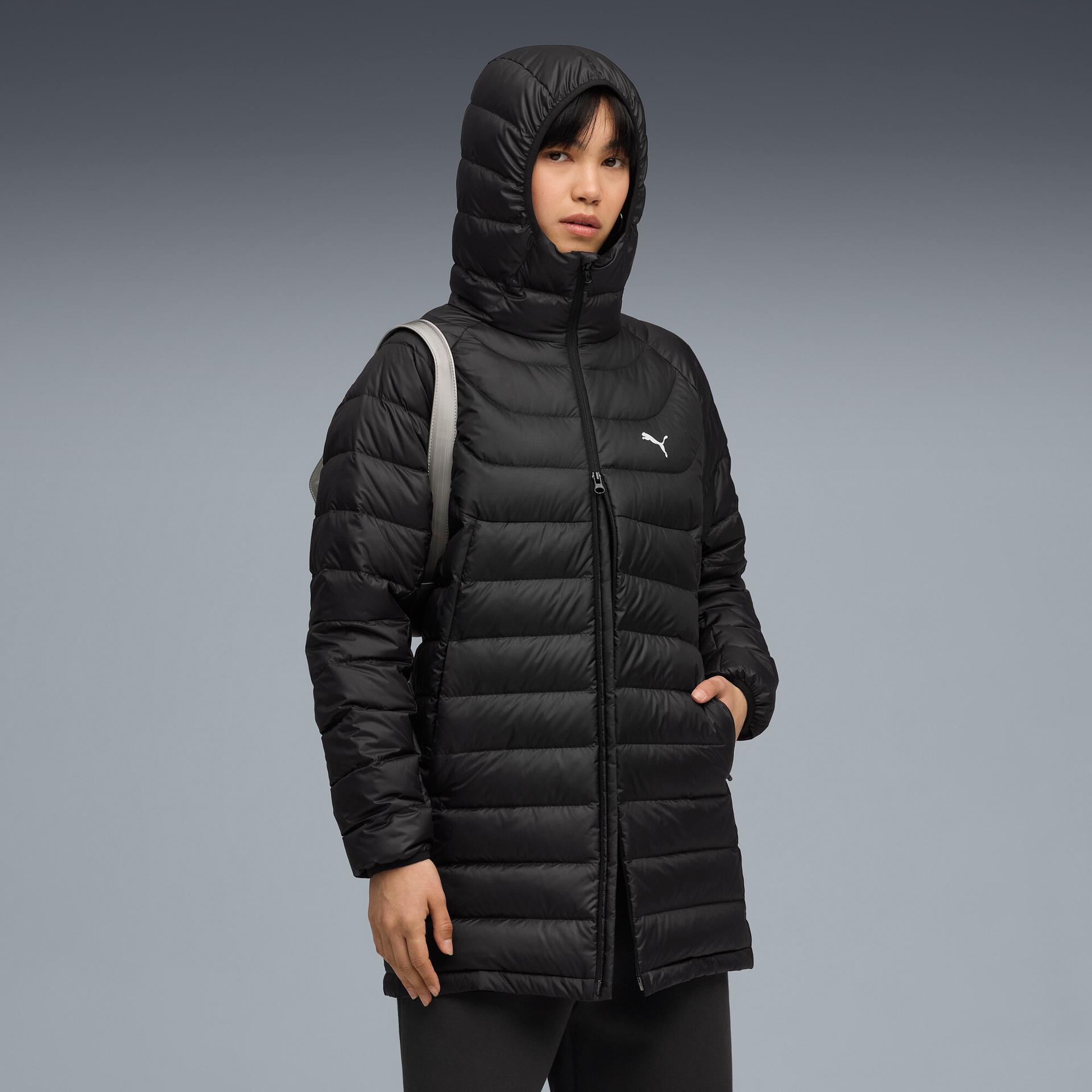 puma packlite women's long hooded down coat in black, size xs