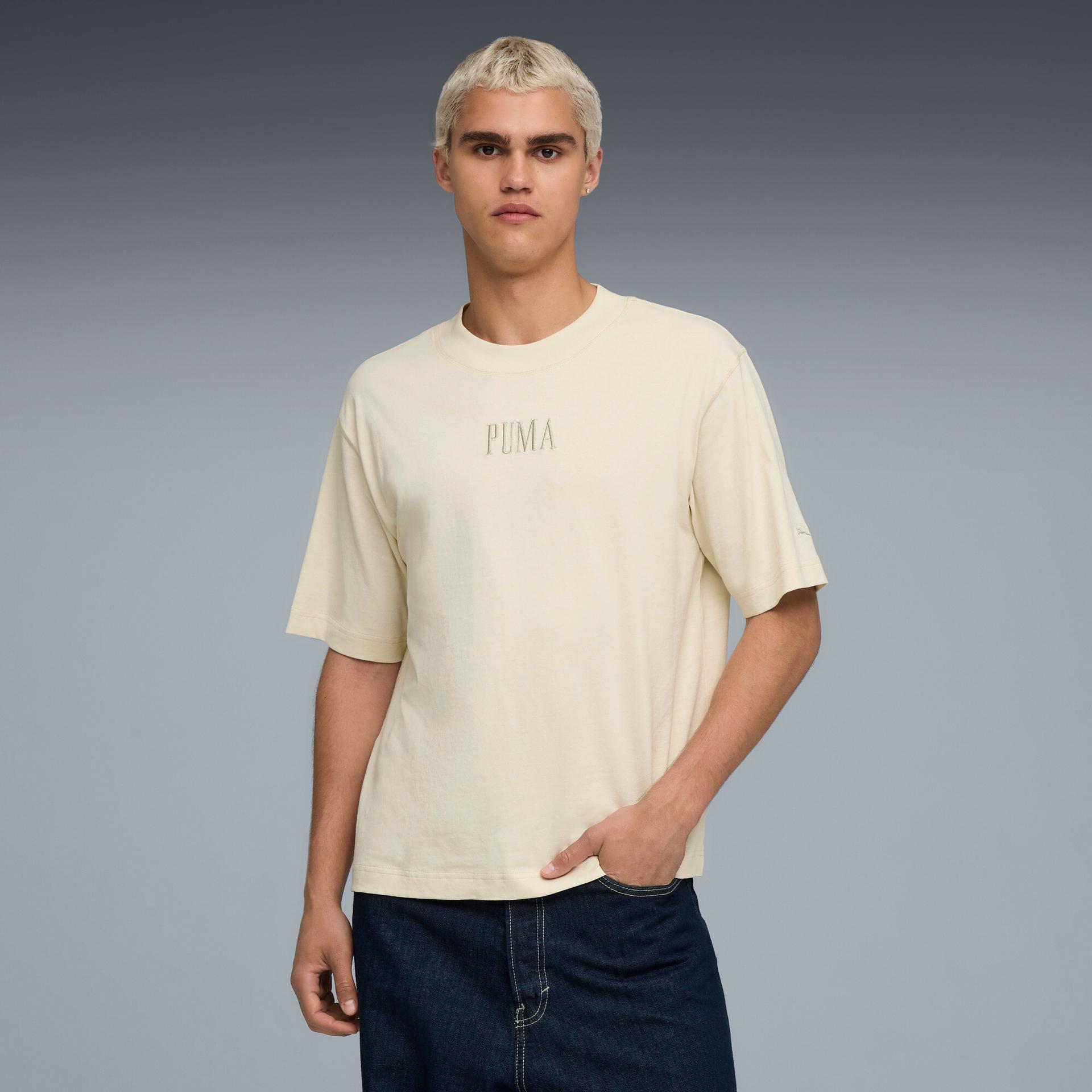 puma premium essentials boxy graphic t-shirt in white, size xl