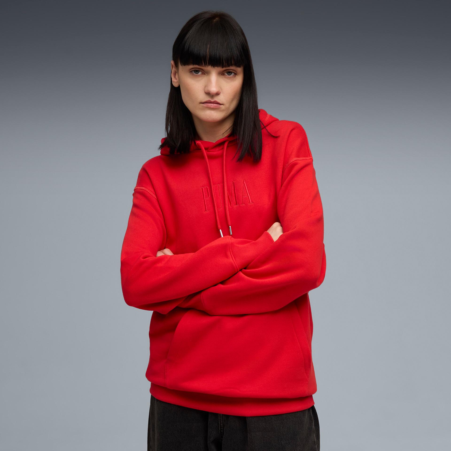 puma premium essentials graphic hoodie in red, size s