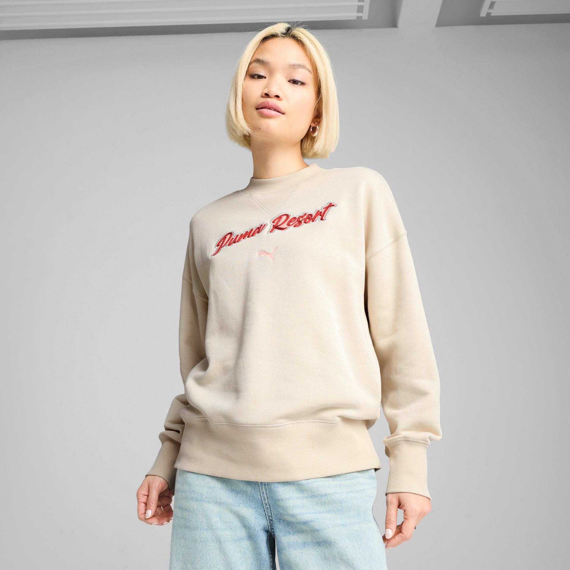 puma premium essentials women's graphic crew sweatshirt in white, size xs