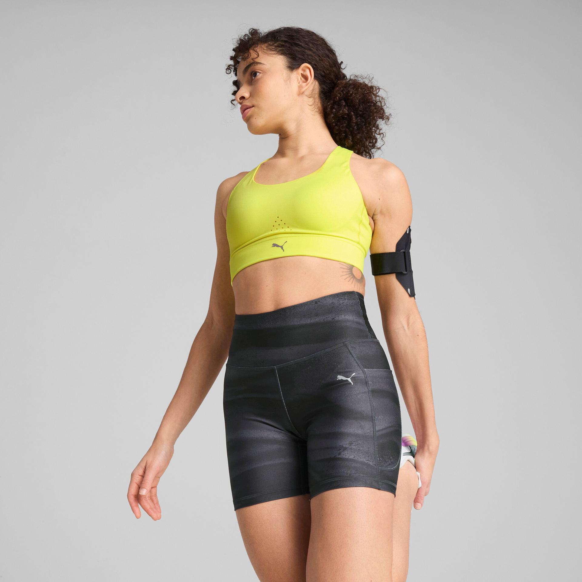 puma pwrbreathe run women's moisture wicking, high impact sports bra in yellow, size s