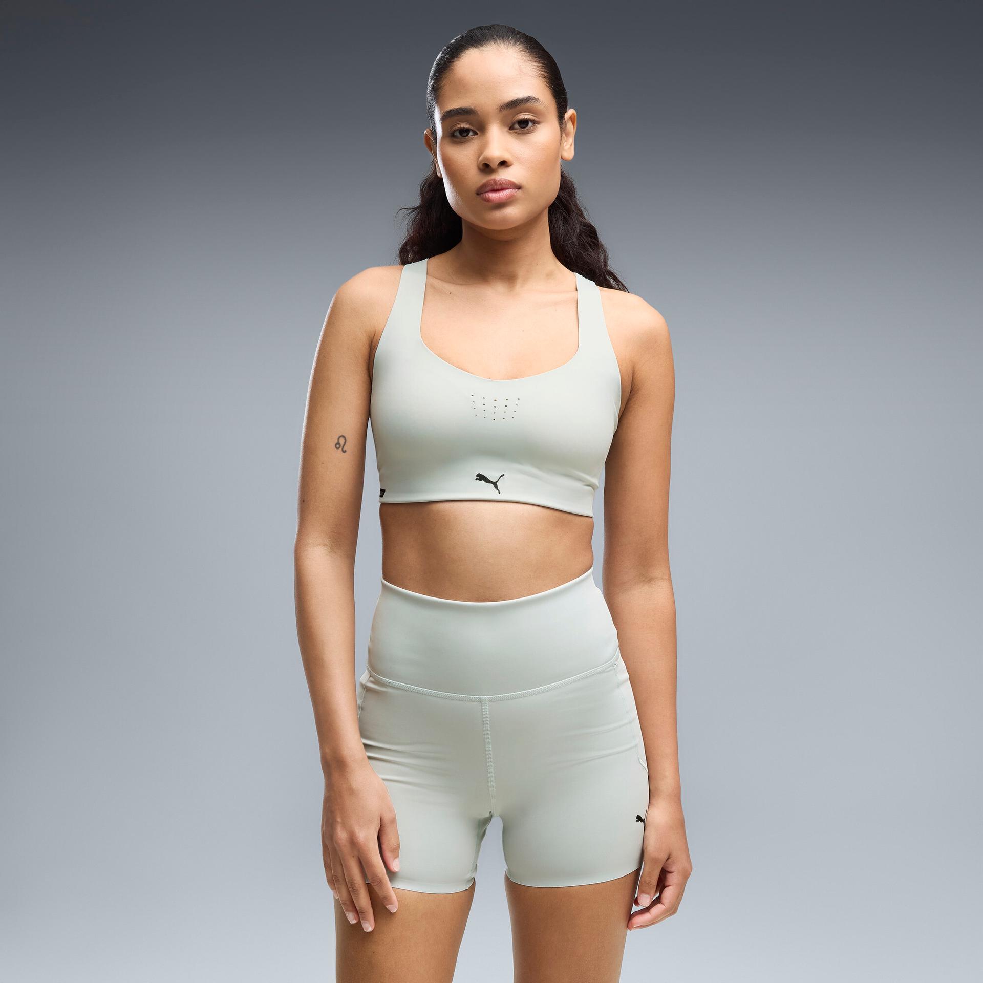 puma pwrmode women's high impact sports bra in green, size s