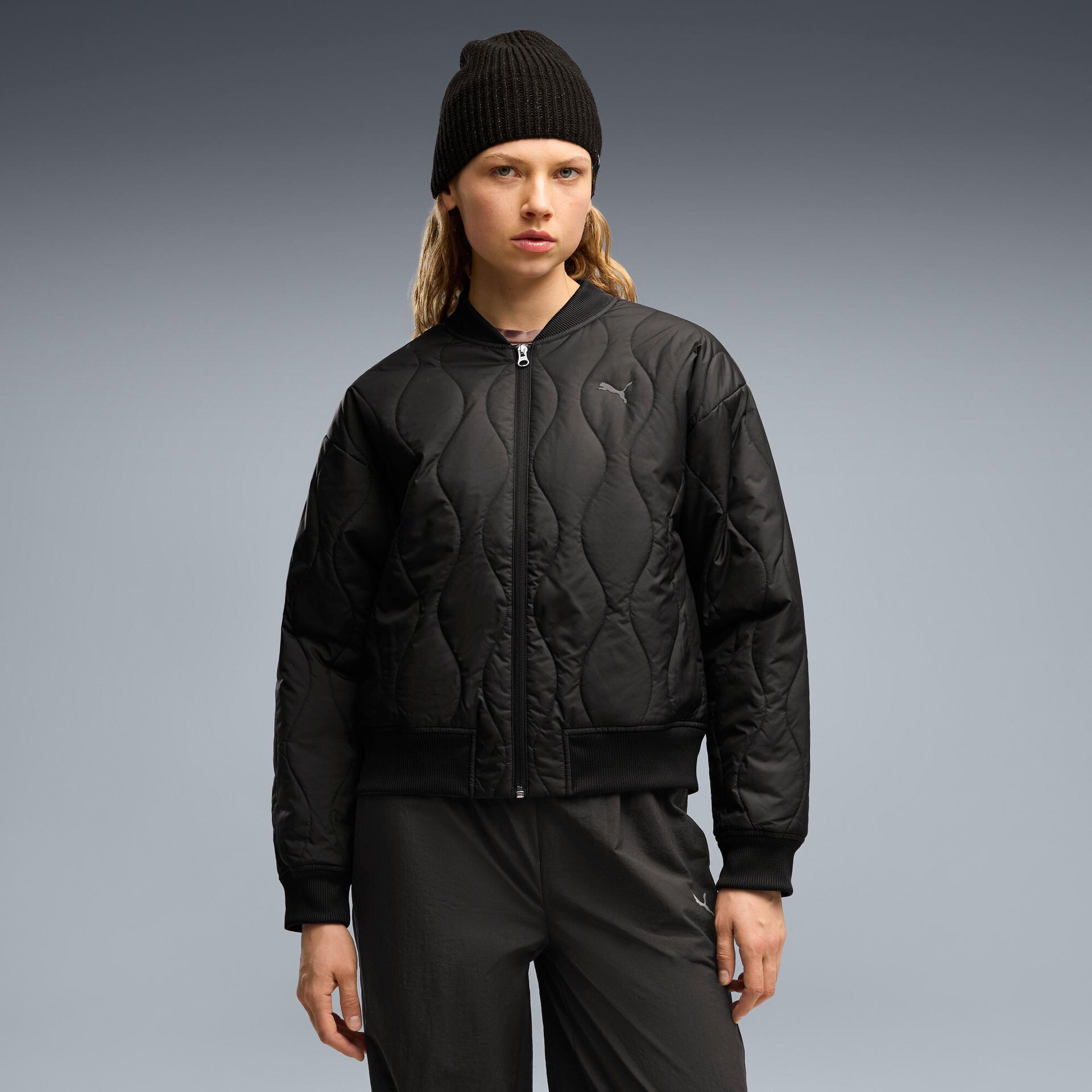 puma satin women's bomber jacket in black, size l