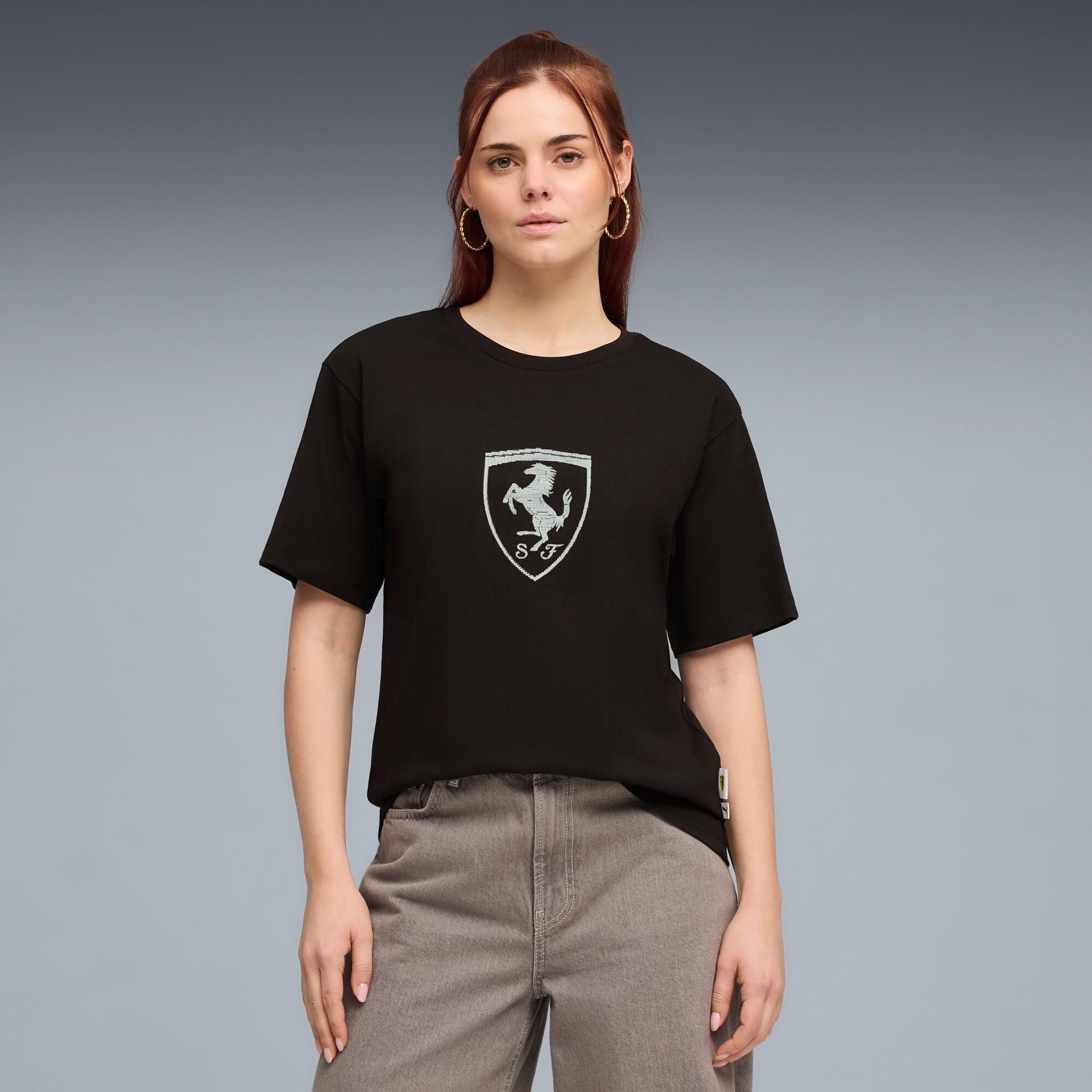 puma scuderia ferrari women's tonal shield t-shirt in black, size m