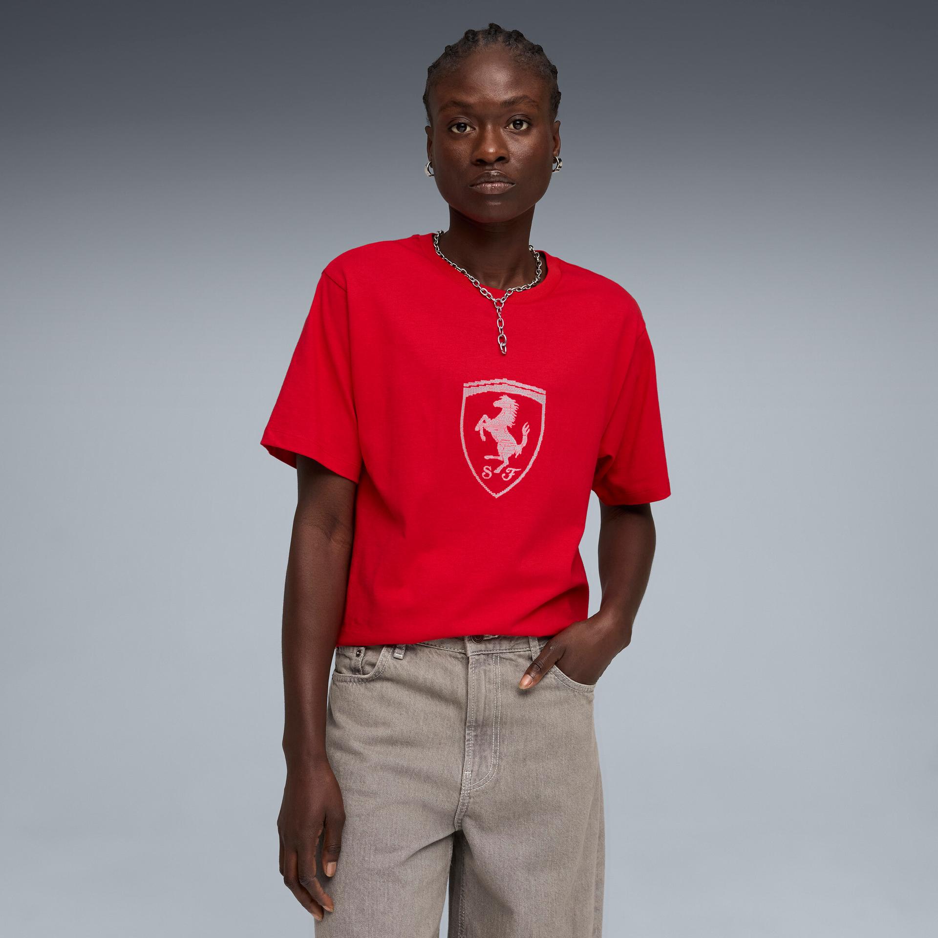 puma scuderia ferrari women's tonal shield t-shirt in red, size xl