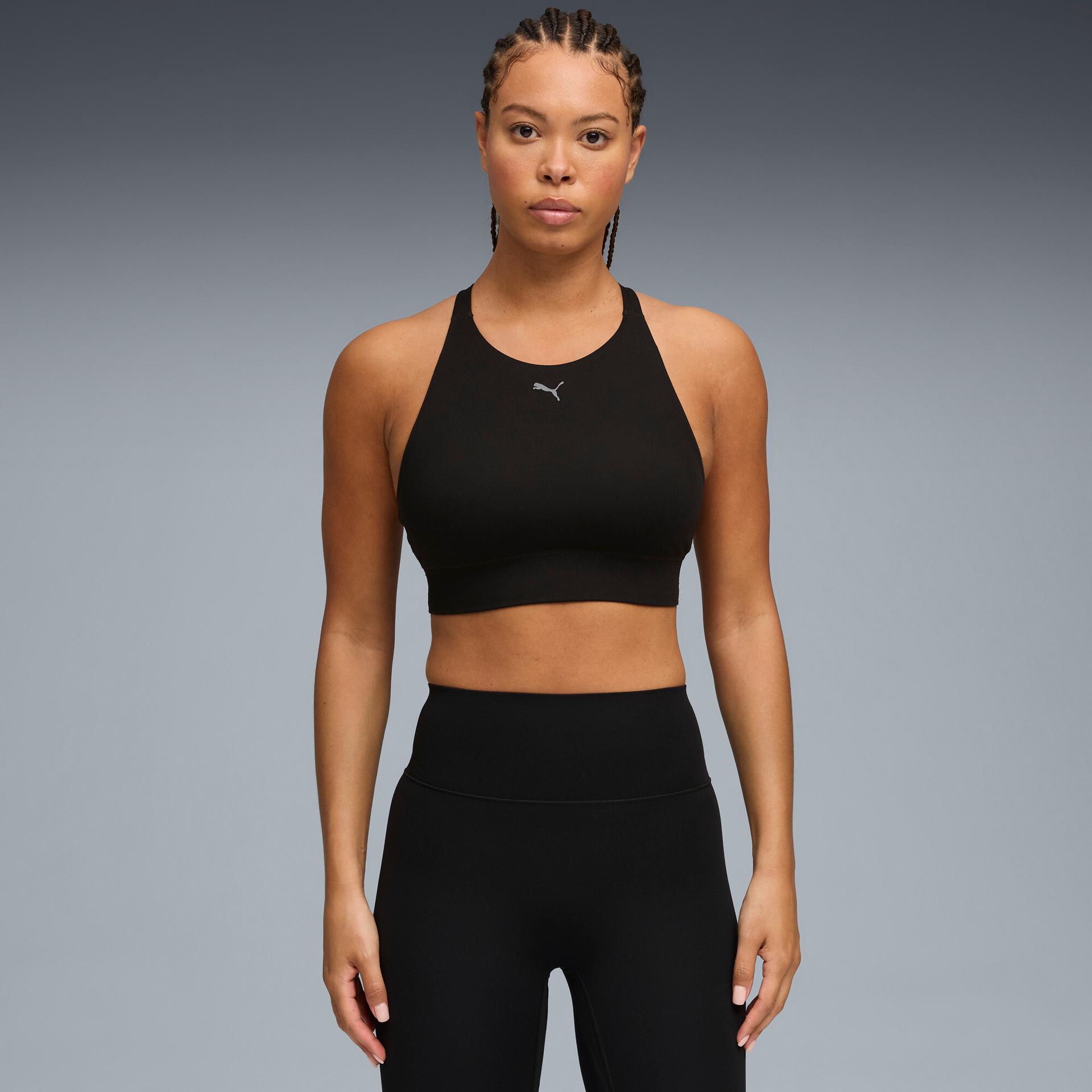 puma shapeluxe high neck women's moisture wicking, mid impact sports bra in black, size l