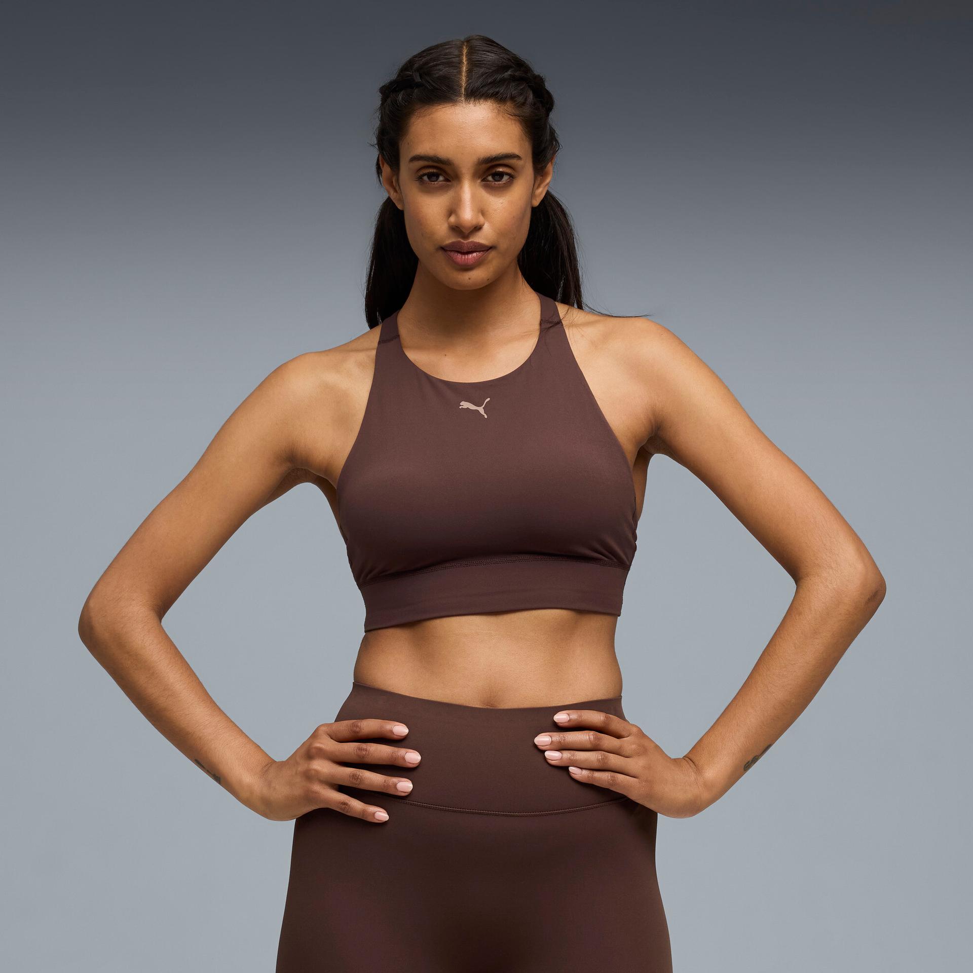 puma shapeluxe high neck women's moisture wicking, mid impact sports bra in brown, size m