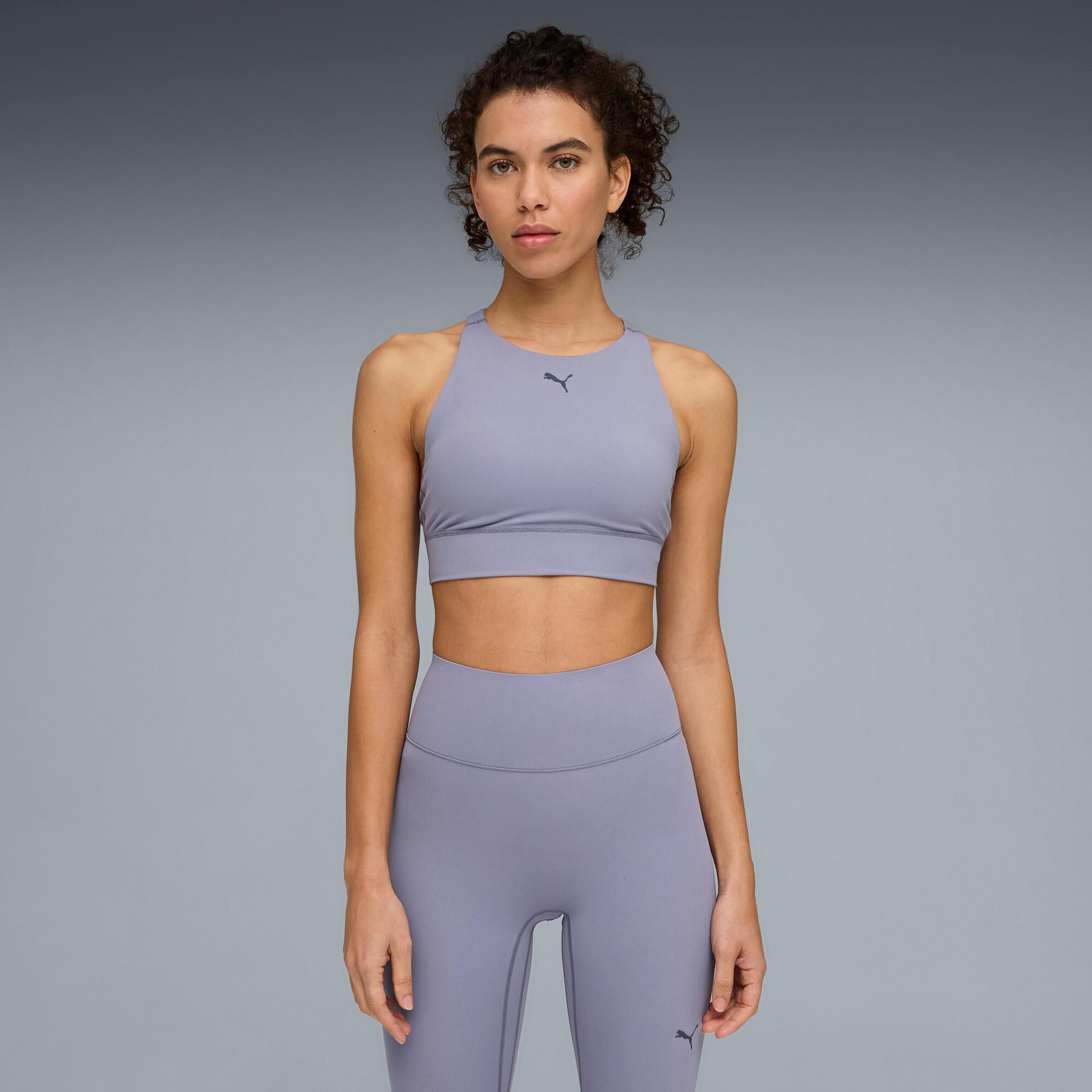 puma shapeluxe high neck women's moisture wicking, mid impact sports bra in grey, size xl