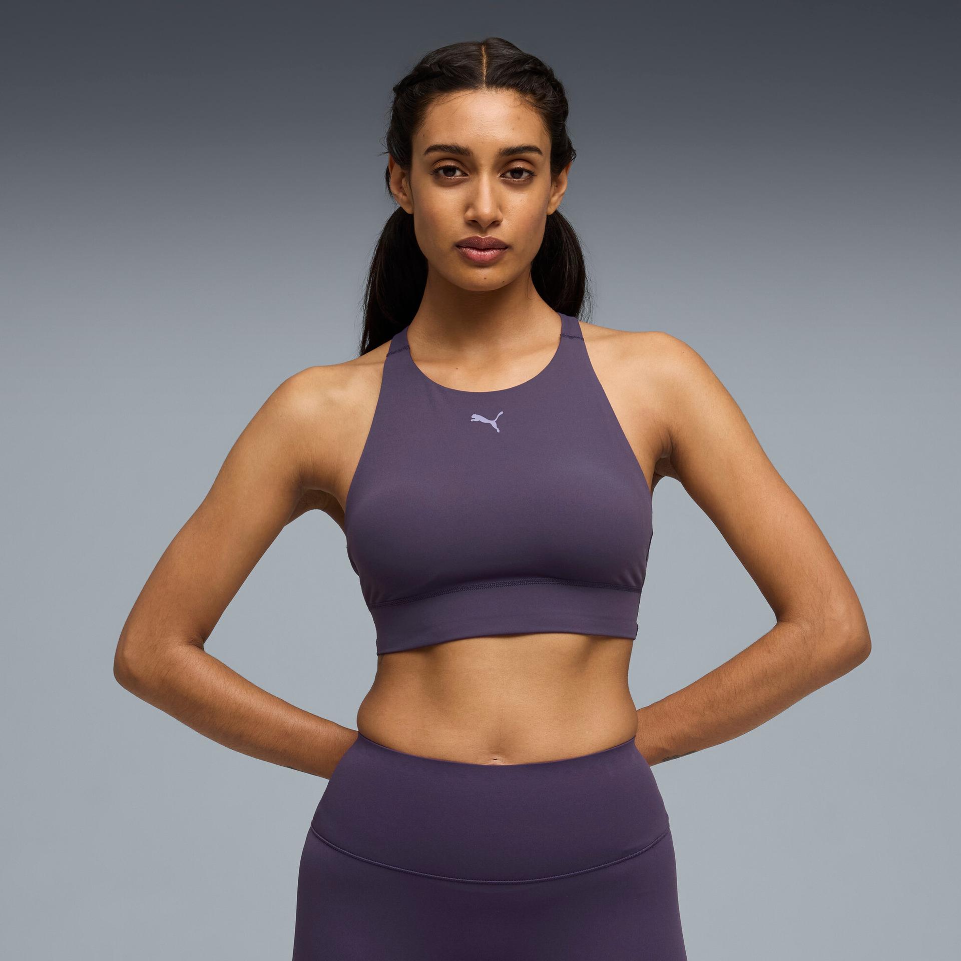 puma shapeluxe high neck women's moisture wicking, mid impact sports bra in purple, size m