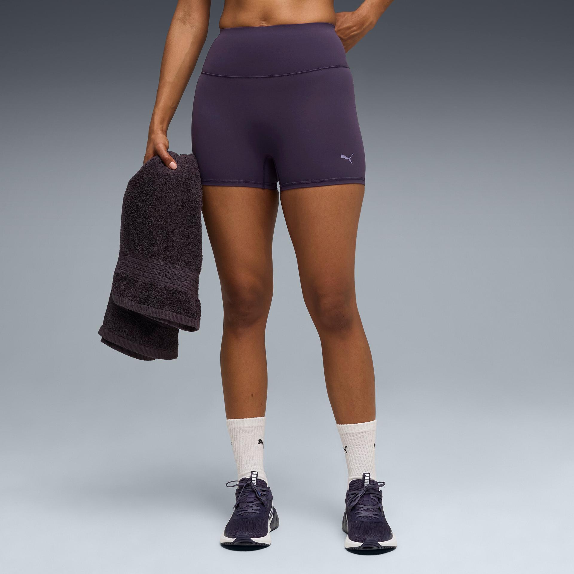 puma shapeluxe women's 3" training short tights in purple, size m