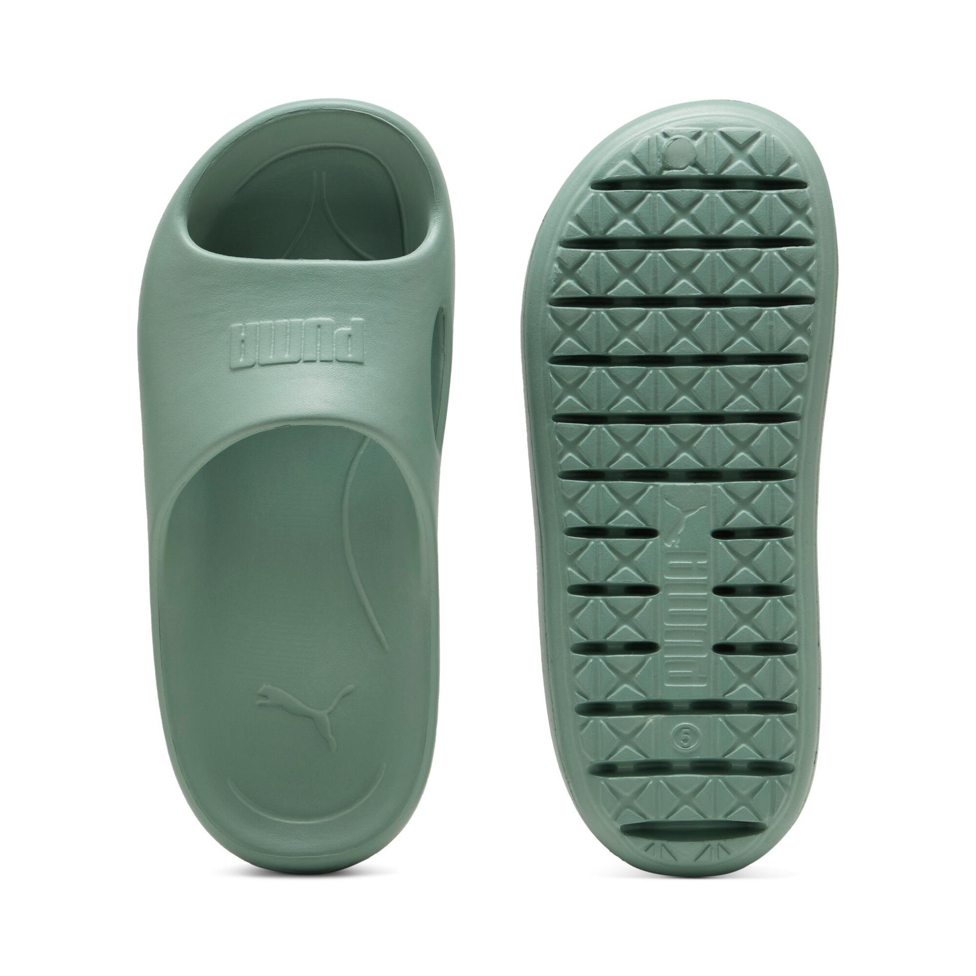puma shibusa women's slides in green, size 9