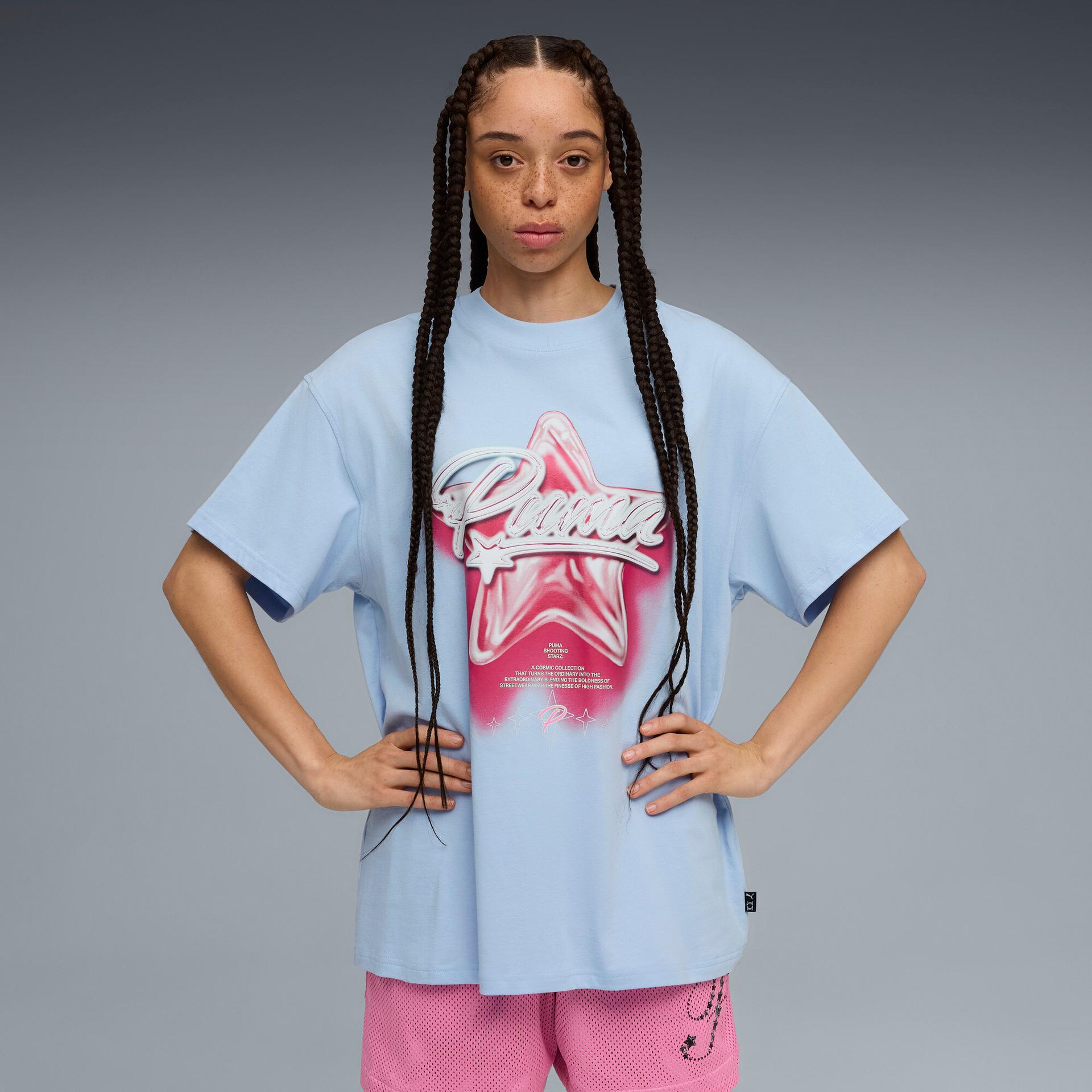 puma shooting stars basketball star graphic t-shirt in blue, size l