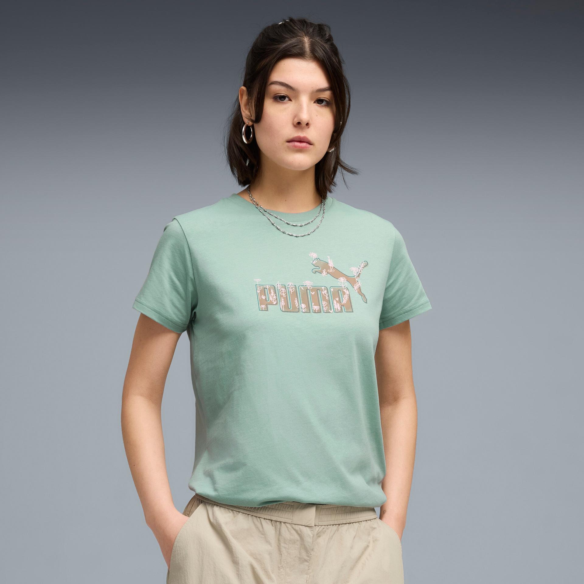 puma sketched florals women's t-shirt in green, size l