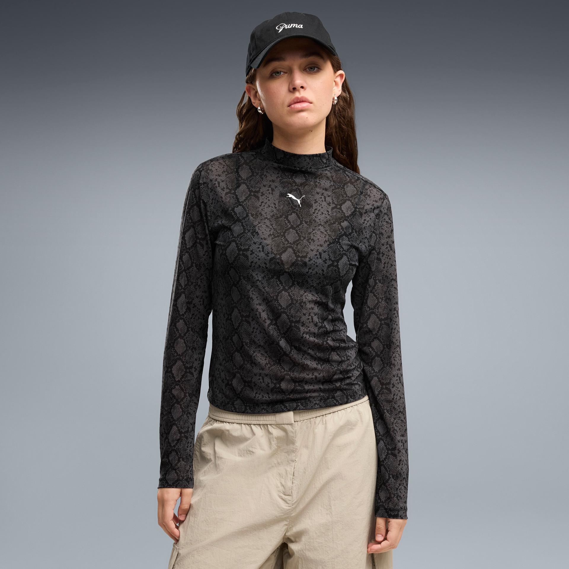 puma snake pack women's printed mesh t-shirt in black, size m