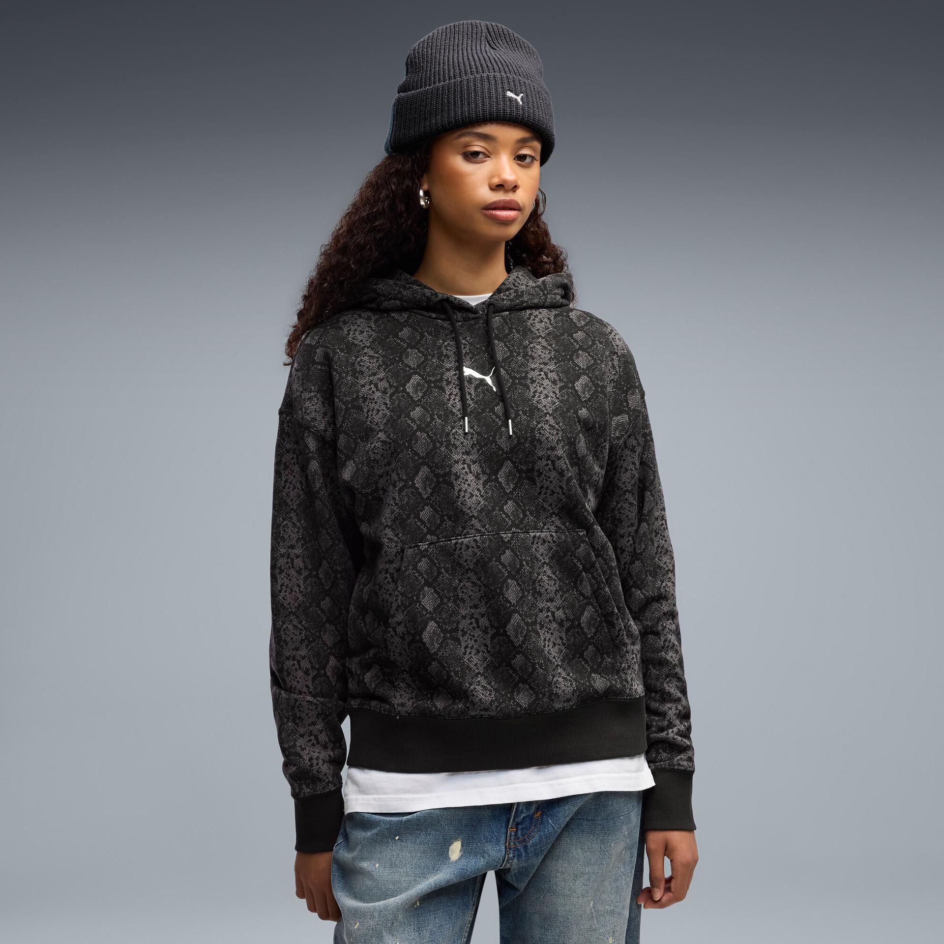 puma snake pack women's printed relaxed hoodie in black, size m