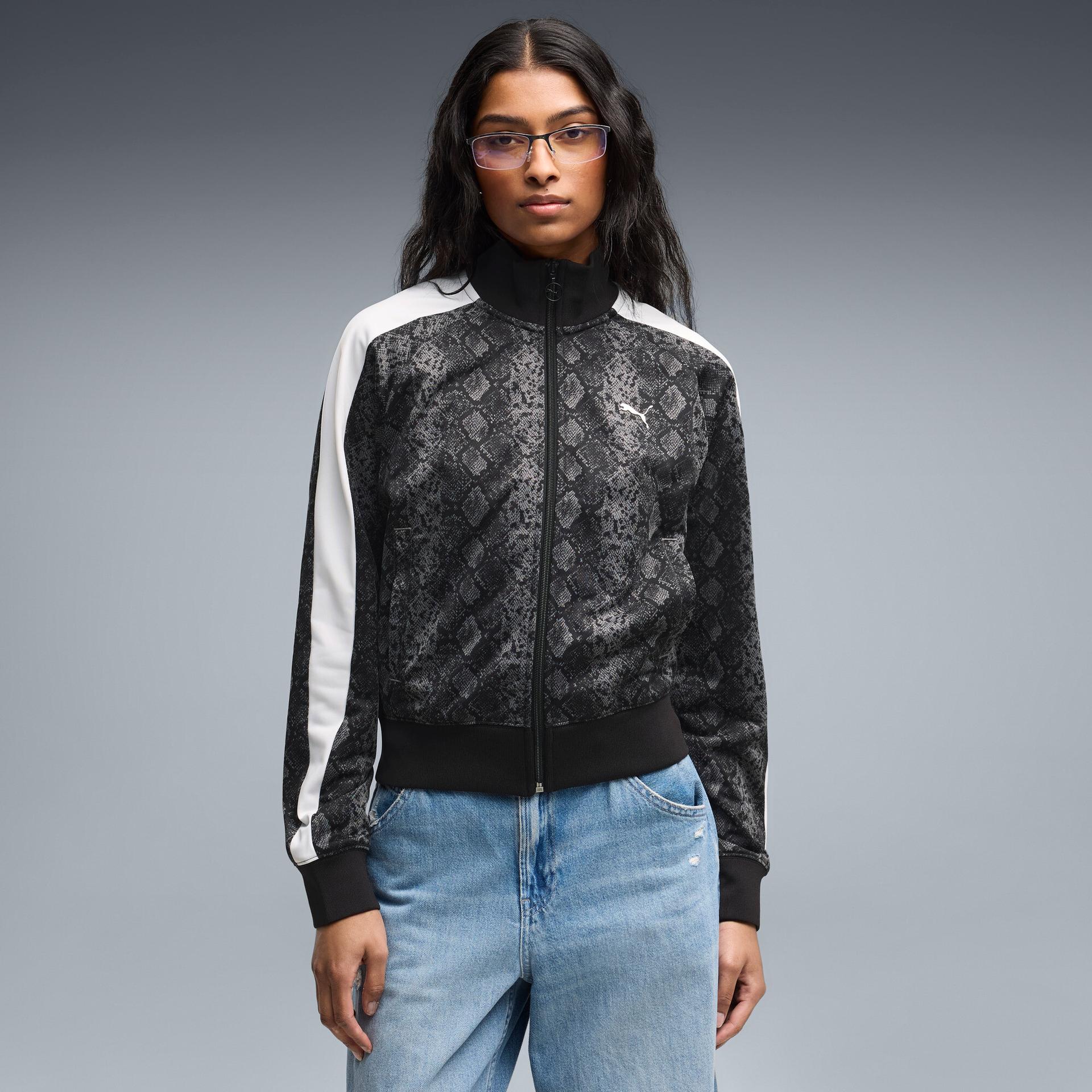 puma snake pack women's printed short t7 track jacket in black, size xs