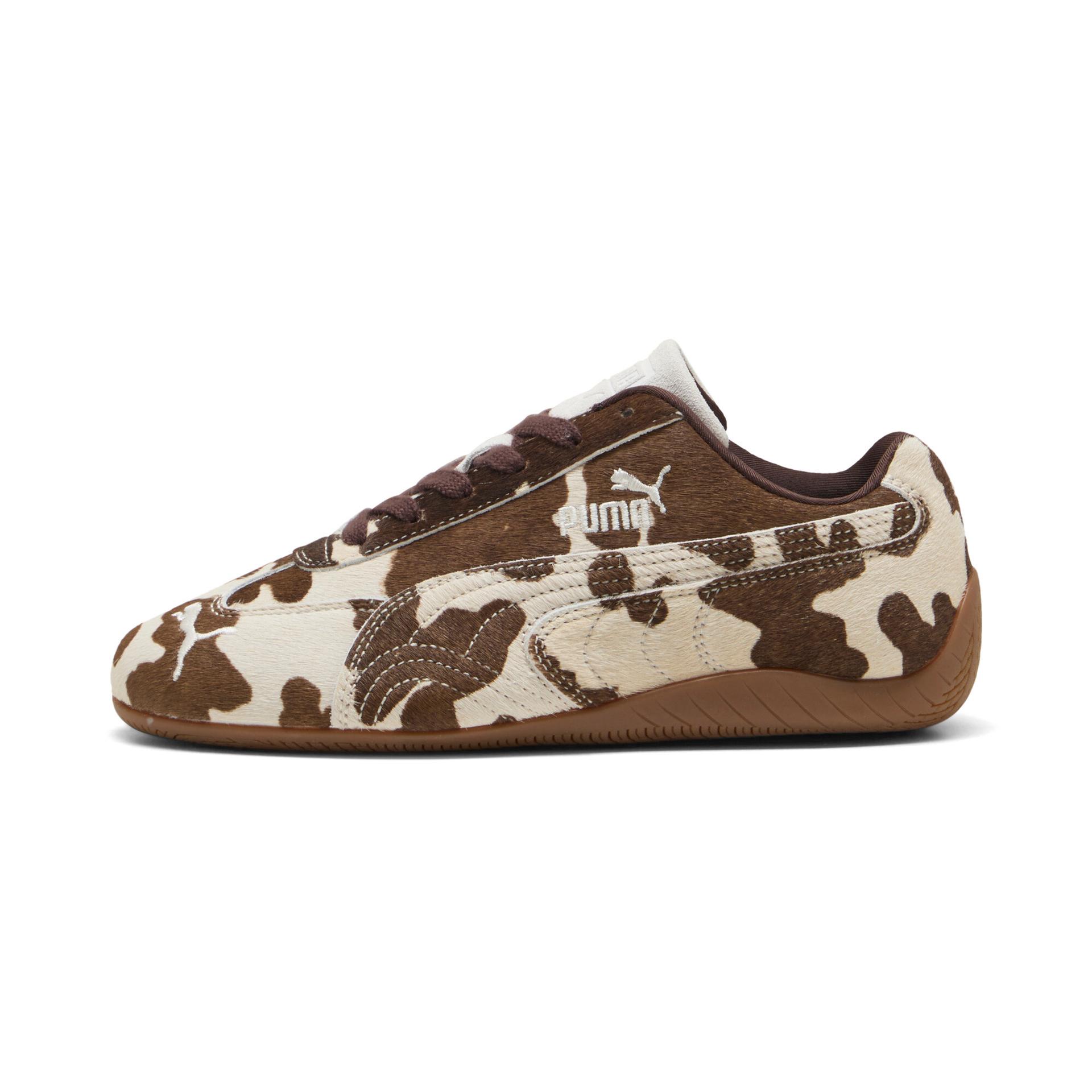puma speedcat cow print women's animal print sneakers in brown, size 9