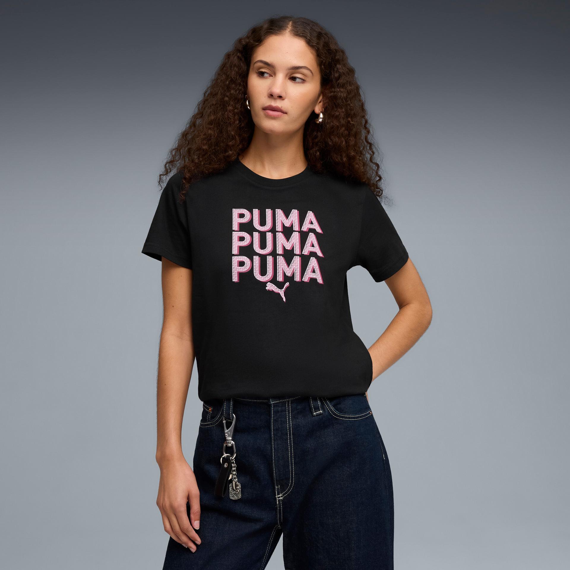 puma stacked women's t-shirt in black, size s