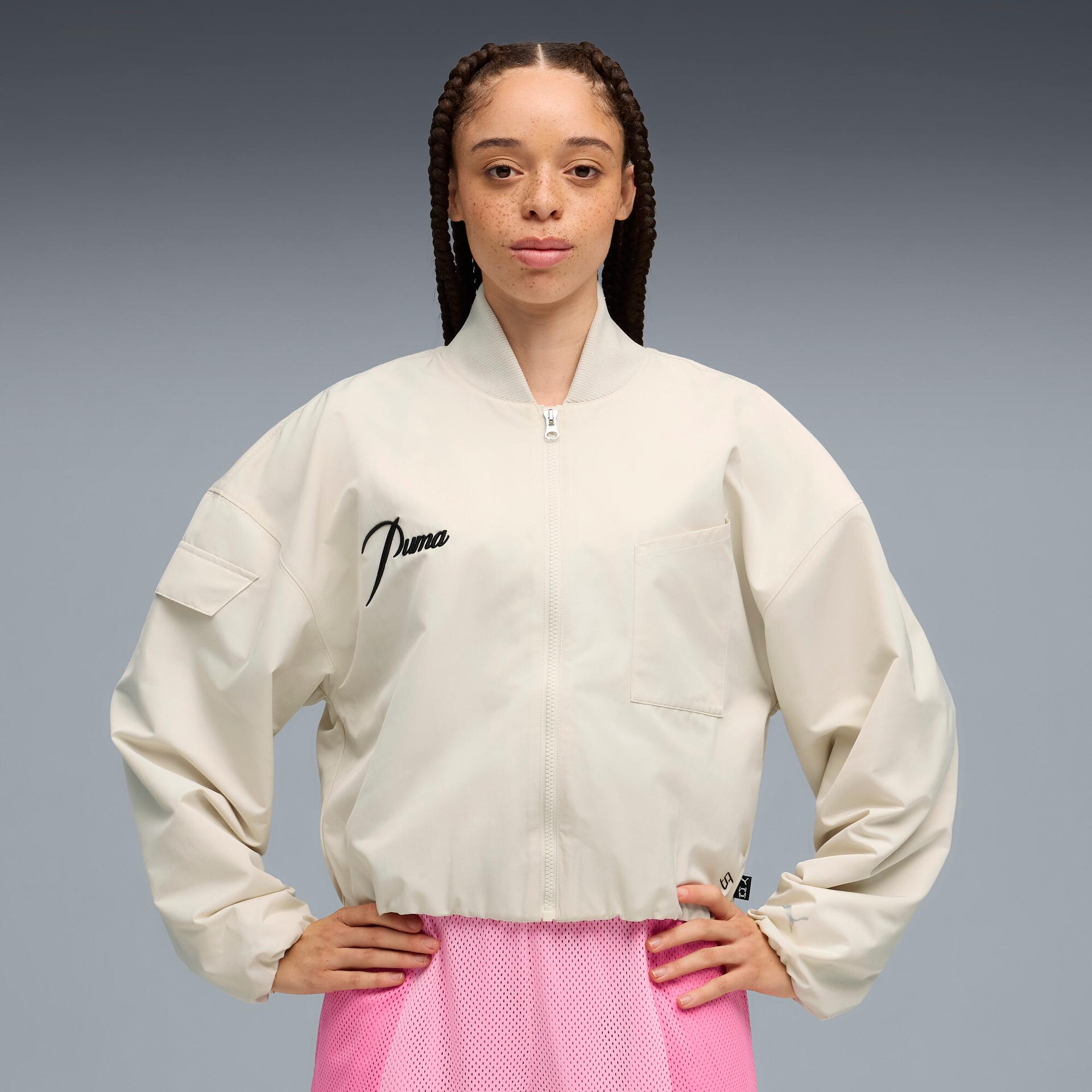 puma stewie timeless women's basketball bomber jacket in white, size m
