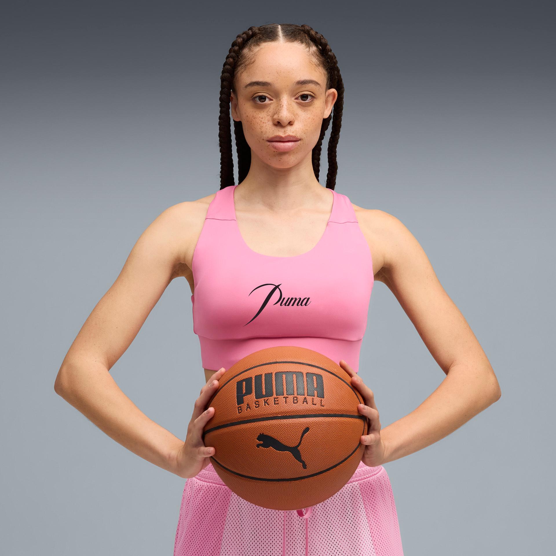 puma stewie timeless women's moisture wicking, mid impact sports bra in pink, size s