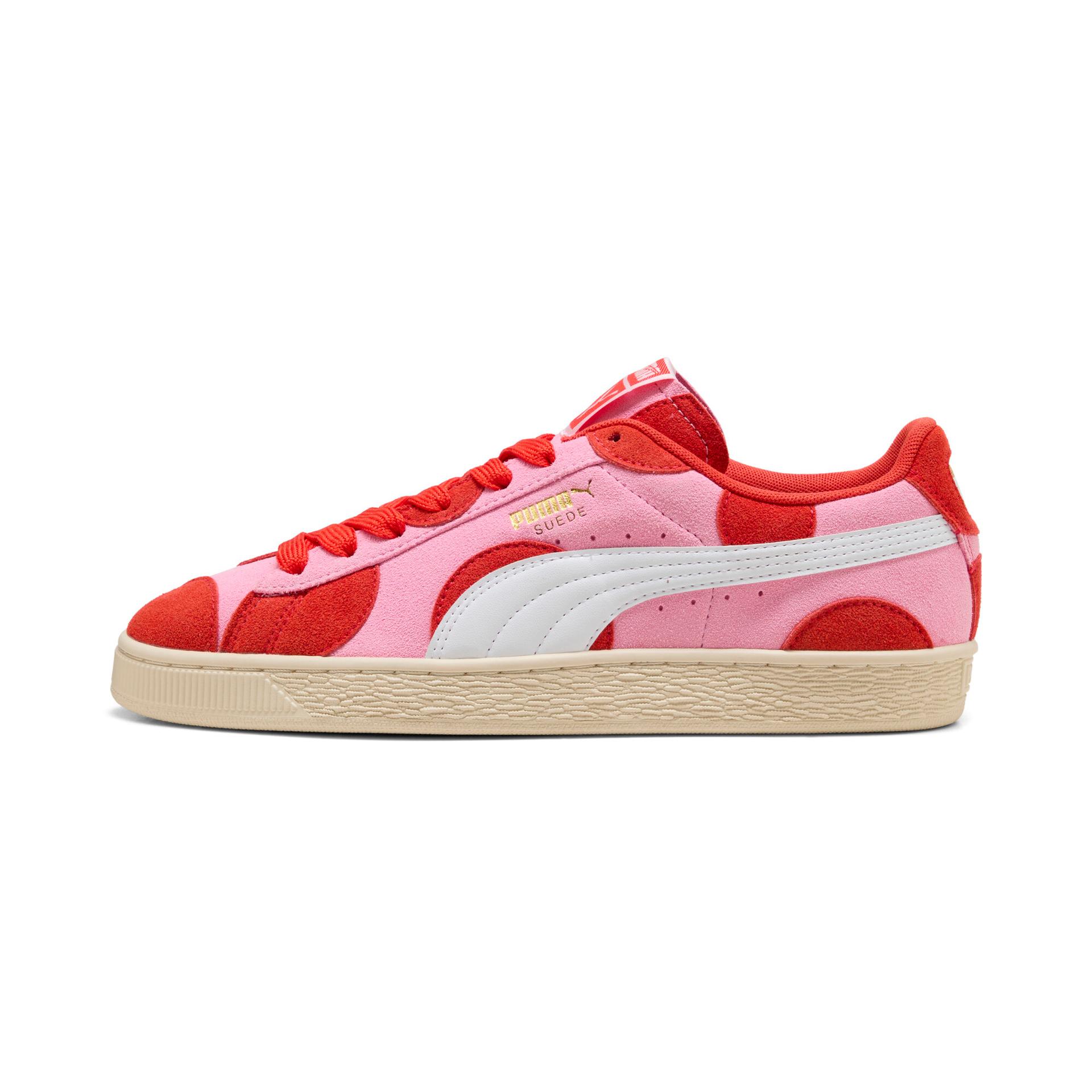 puma suede printed sneakers in pink, size 8.5
