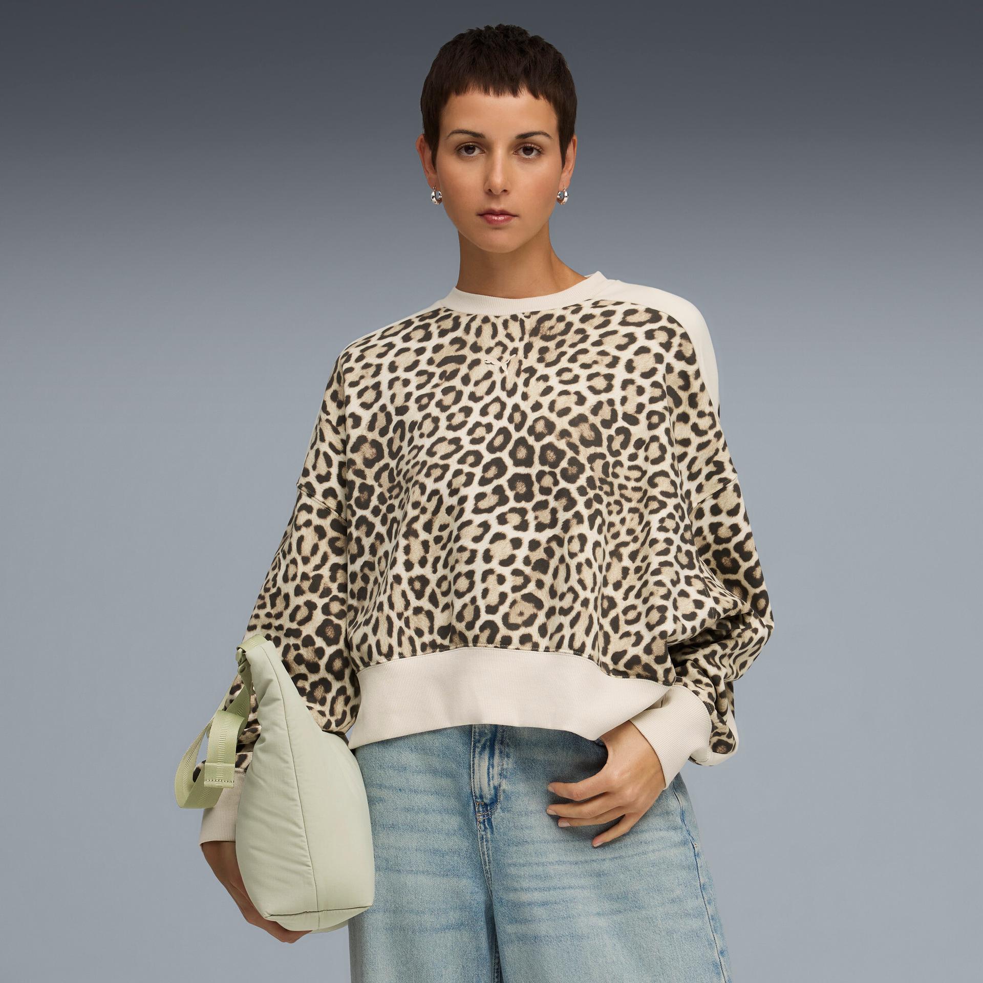 puma t7 leopard luxe women's animal print crewneck sweatshirt in white, size xl