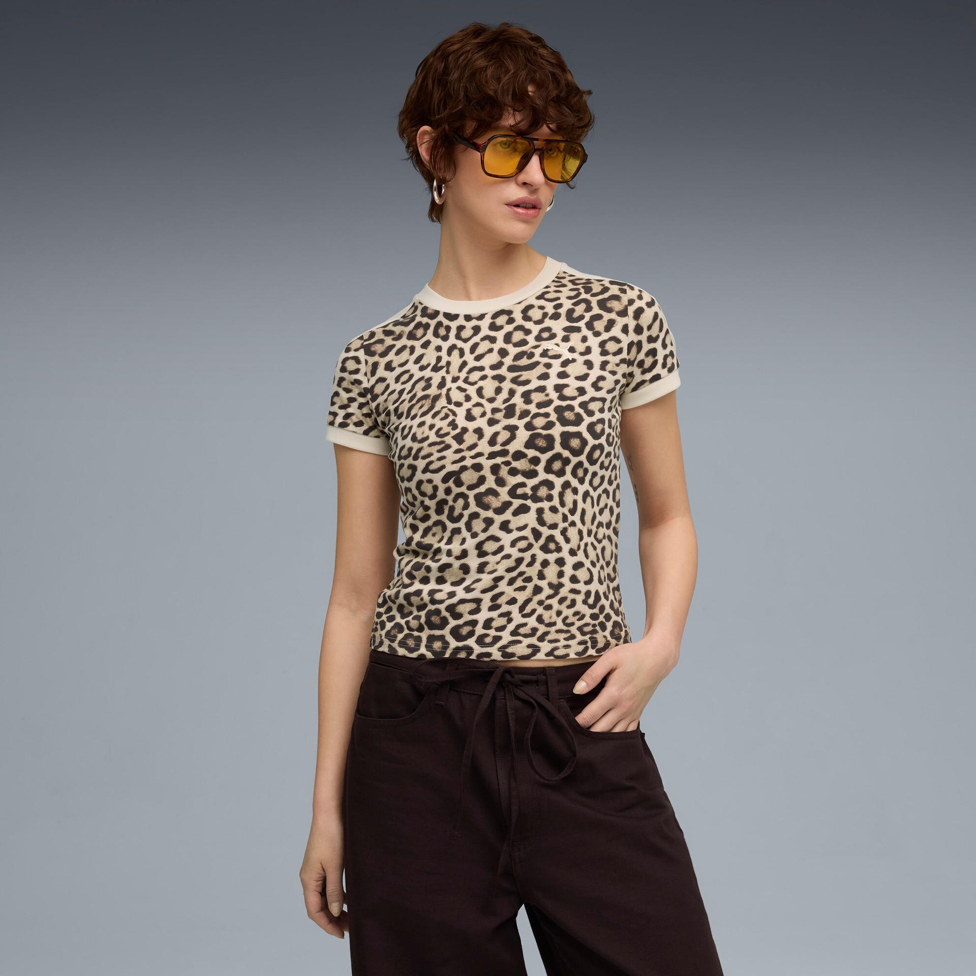 puma t7 leopard luxe women's animal print slim t-shirt in white, size xl