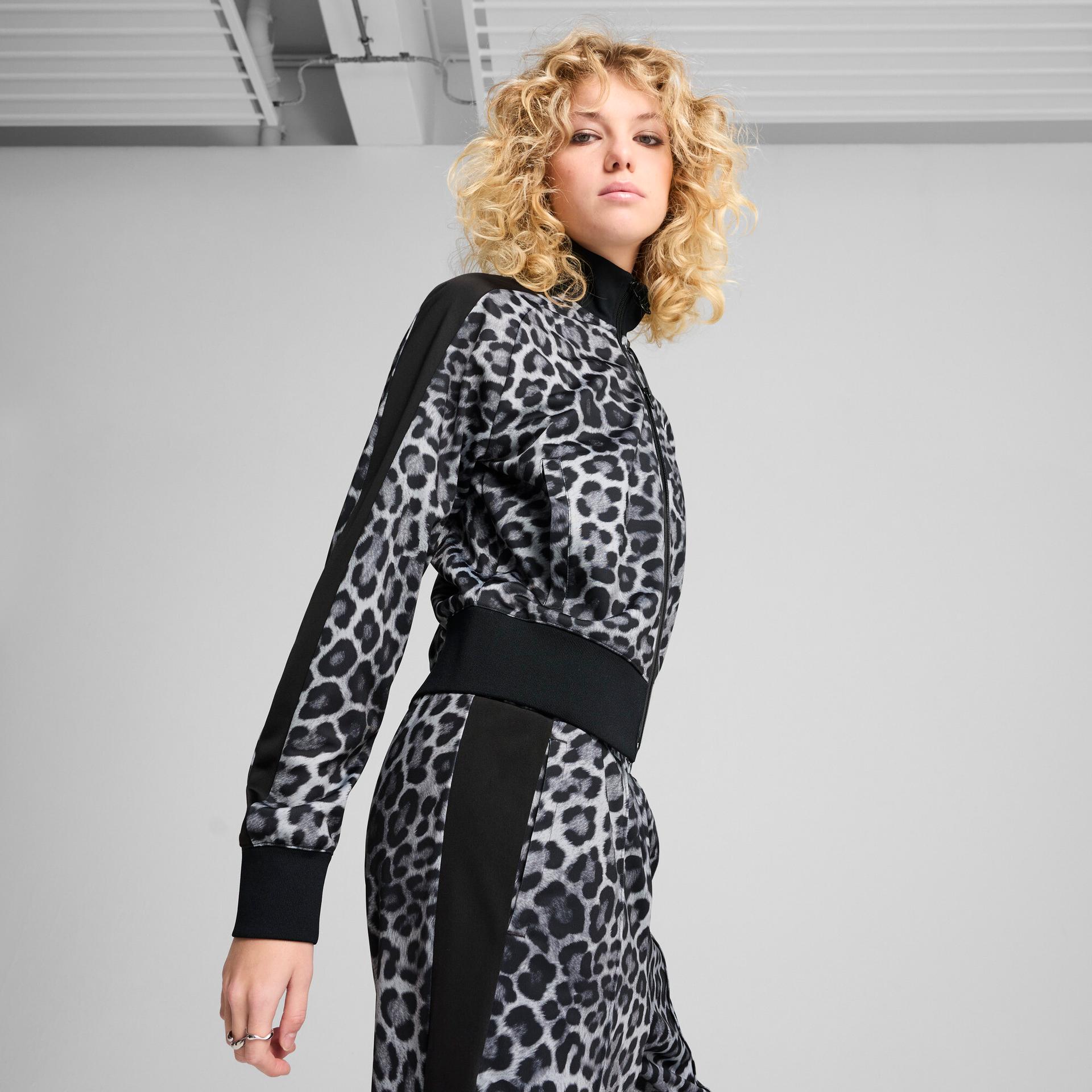 puma t7 leopard luxe women's animal print track jacket in black, size xs