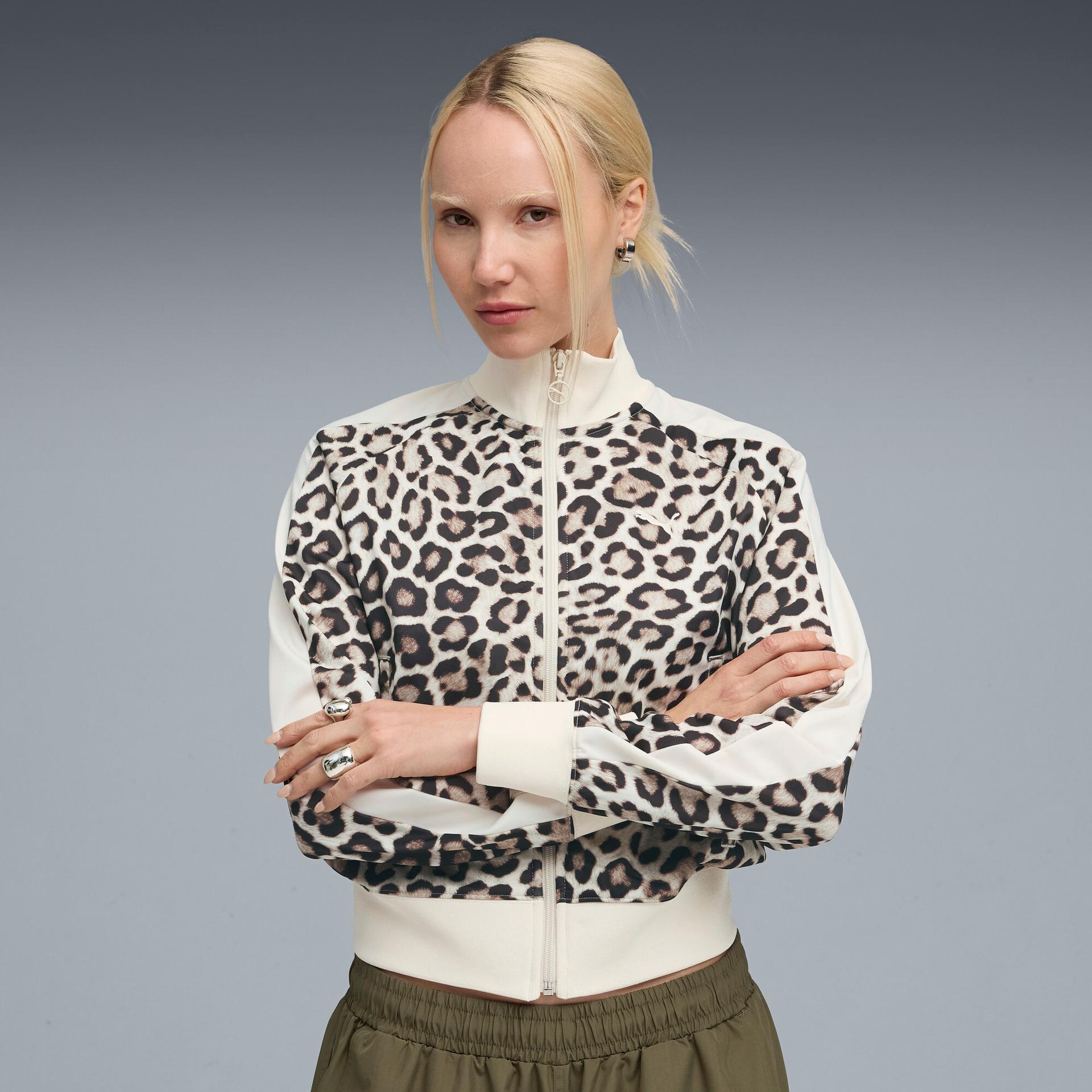 puma t7 leopard luxe women's animal print track jacket in white, size l