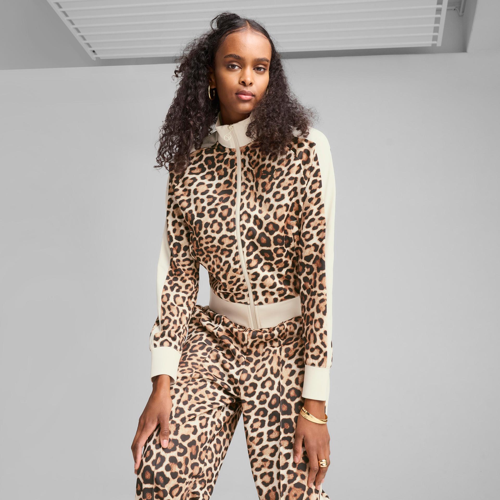 puma t7 leopard luxe women's animal print track jacket in white, size xs
