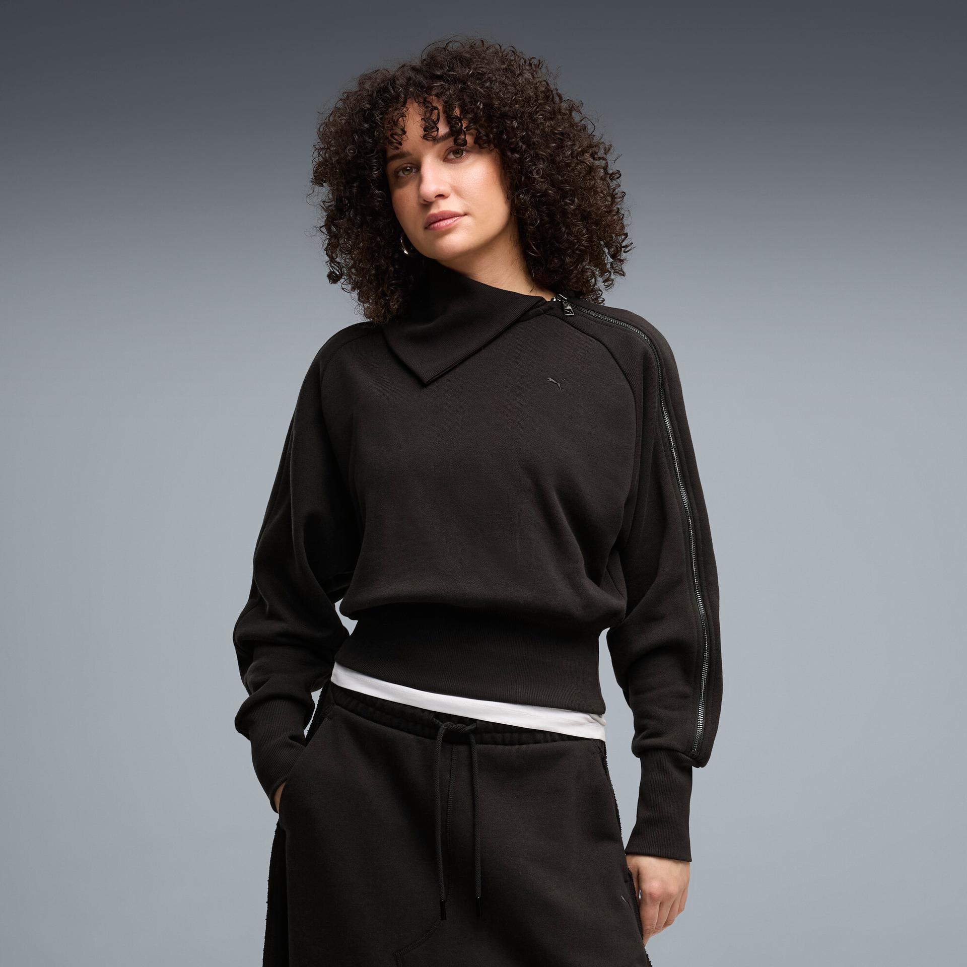puma t7 women's asymmetrical zip sweatshirt in black, size s