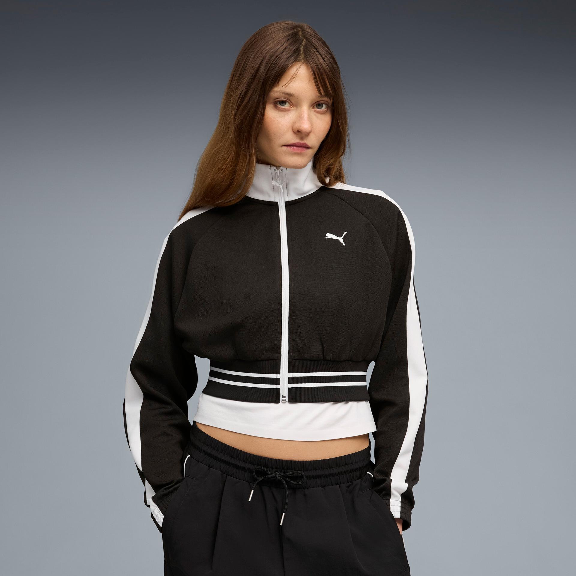 puma t7 women's cropped track jacket in black, size l