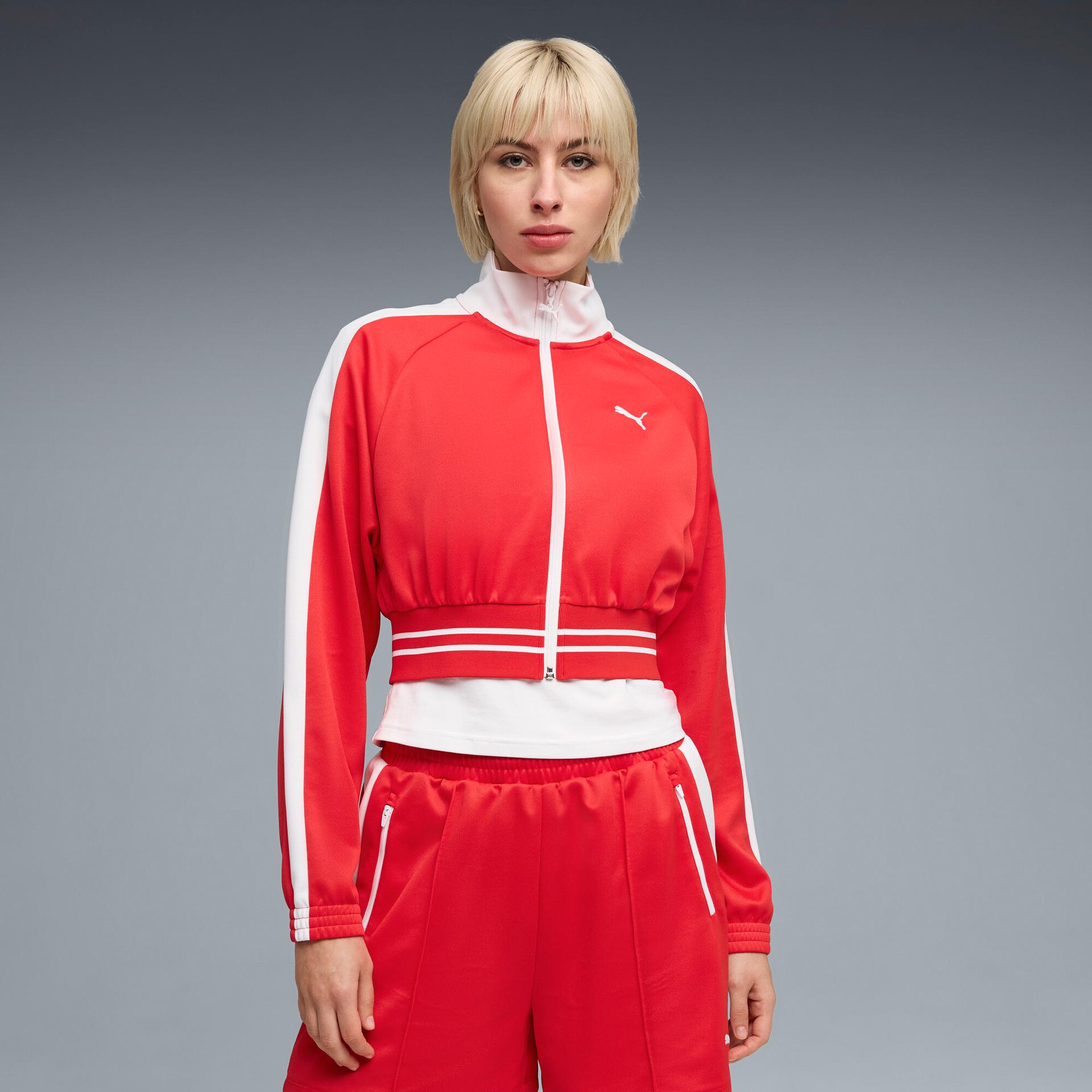 puma t7 women's cropped track jacket in red, size xl