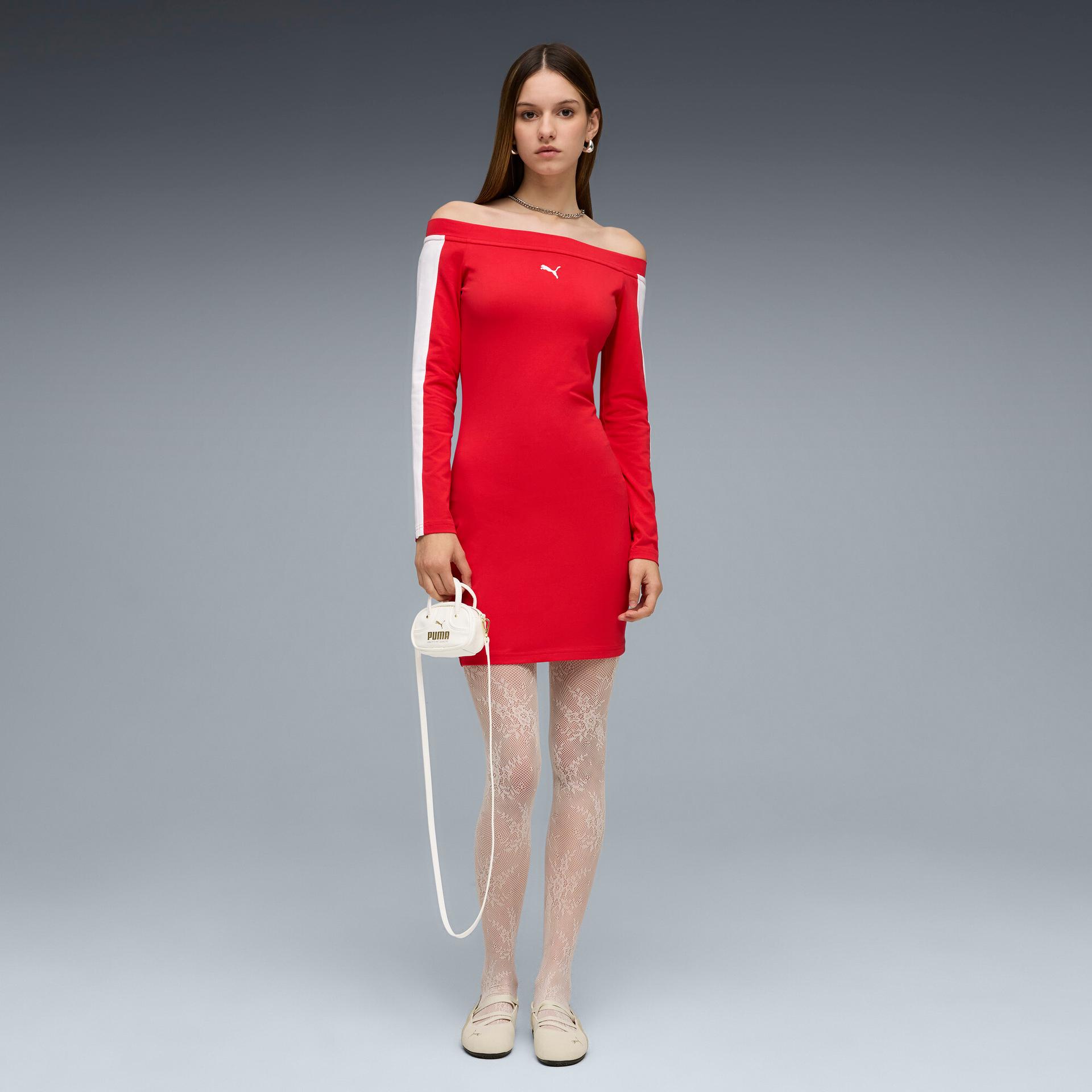 puma t7 women's long sleeve dress in red, size xl