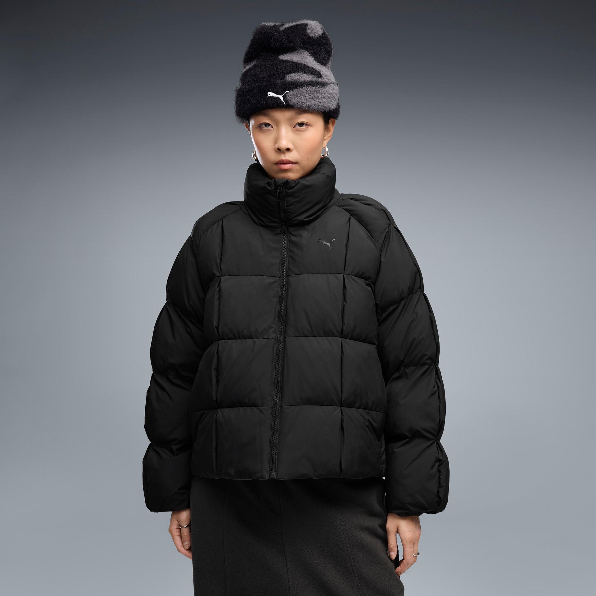 puma t7 women's pleated puffer jacket in black, size l