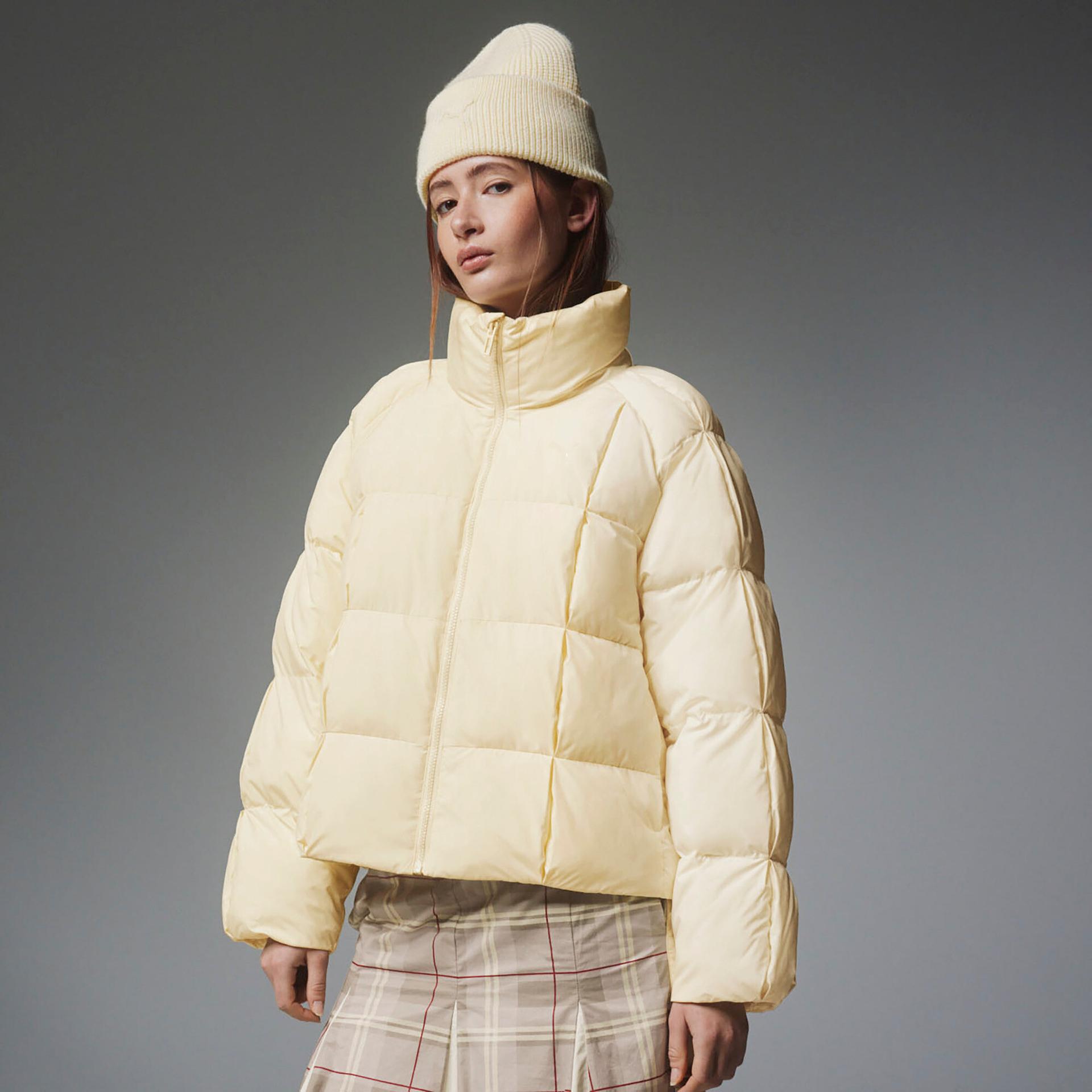puma t7 women's pleated puffer jacket in yellow, size m