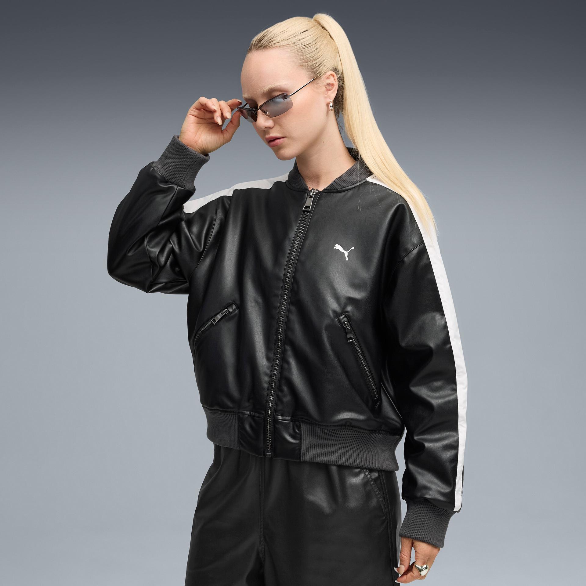 puma t7 women's pleather bomber jacket in black, size l