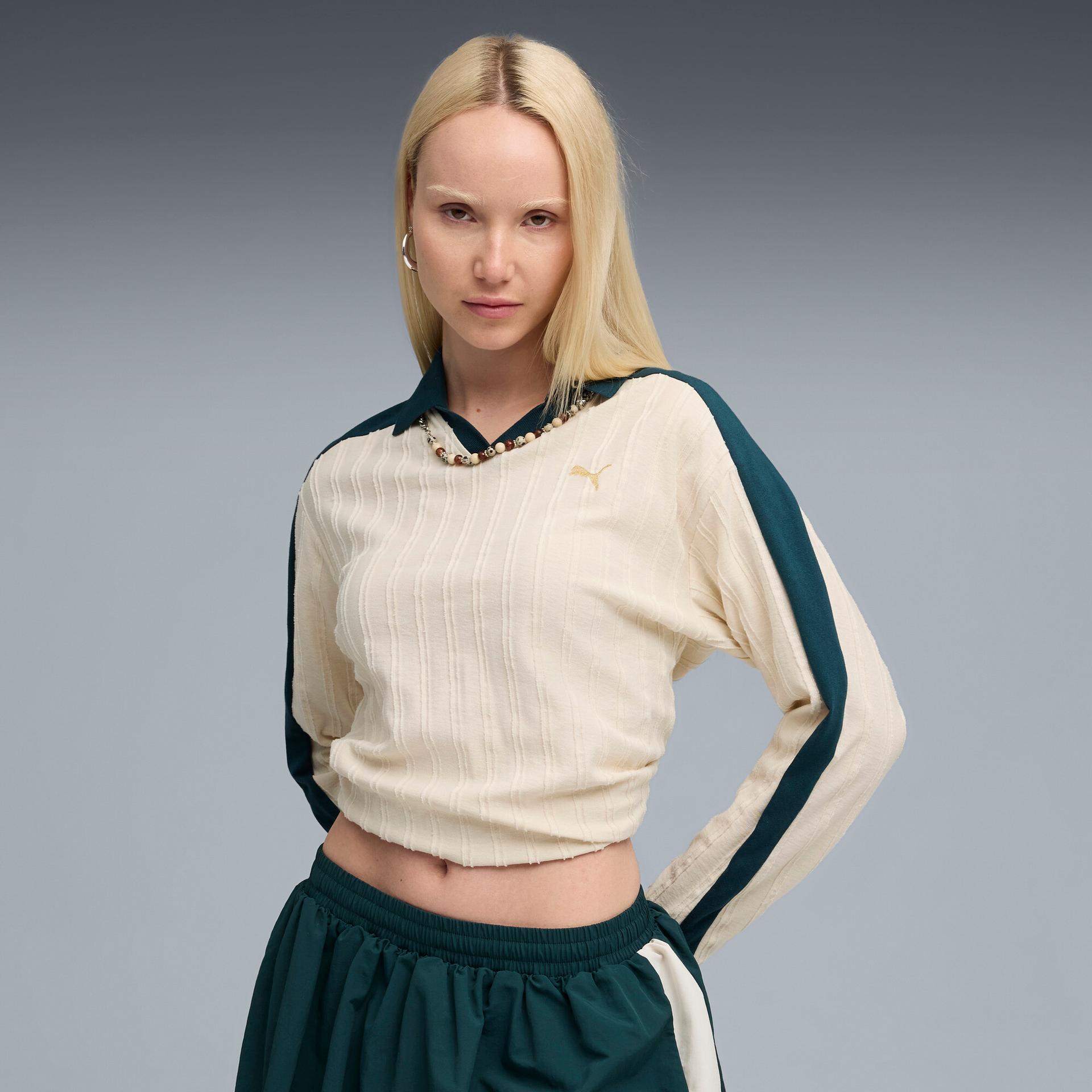 puma t7 women's relaxed long sleeve polo shirt in white, size m