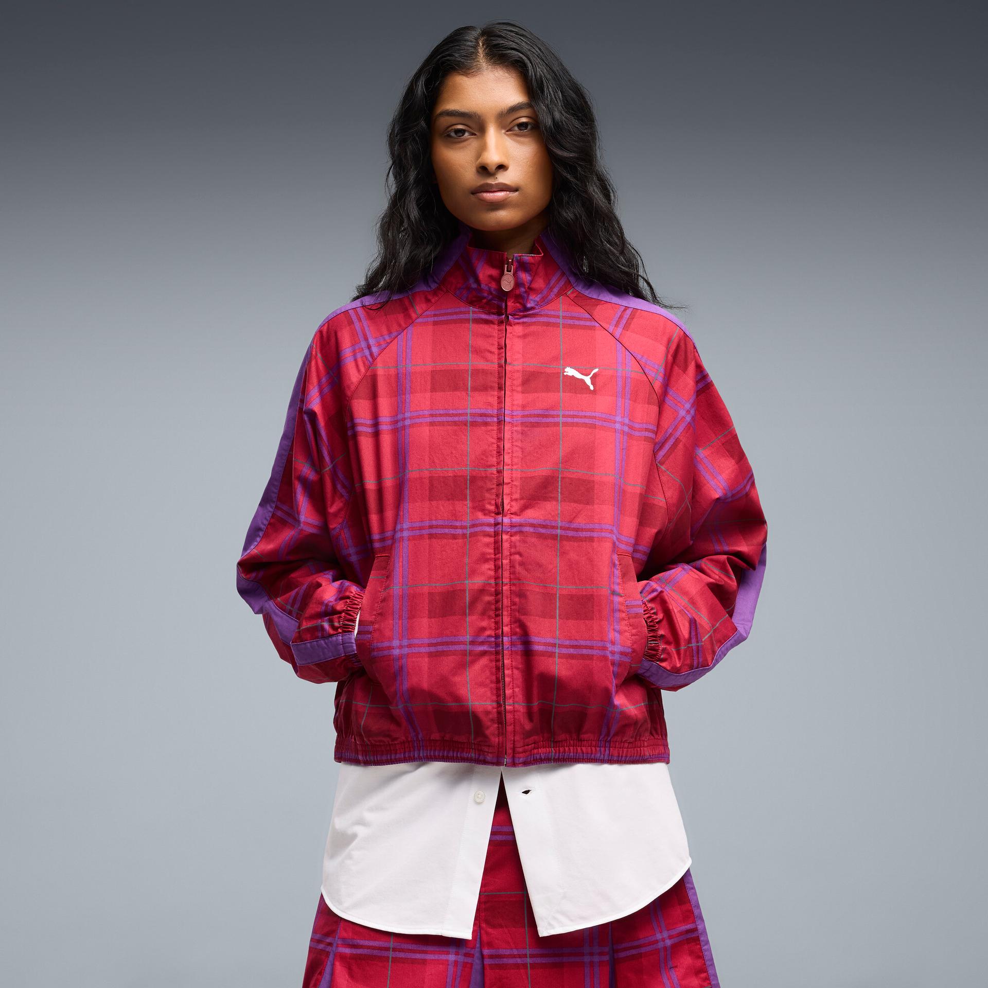 puma t7 women's relaxed tartan jacket in red, size xl