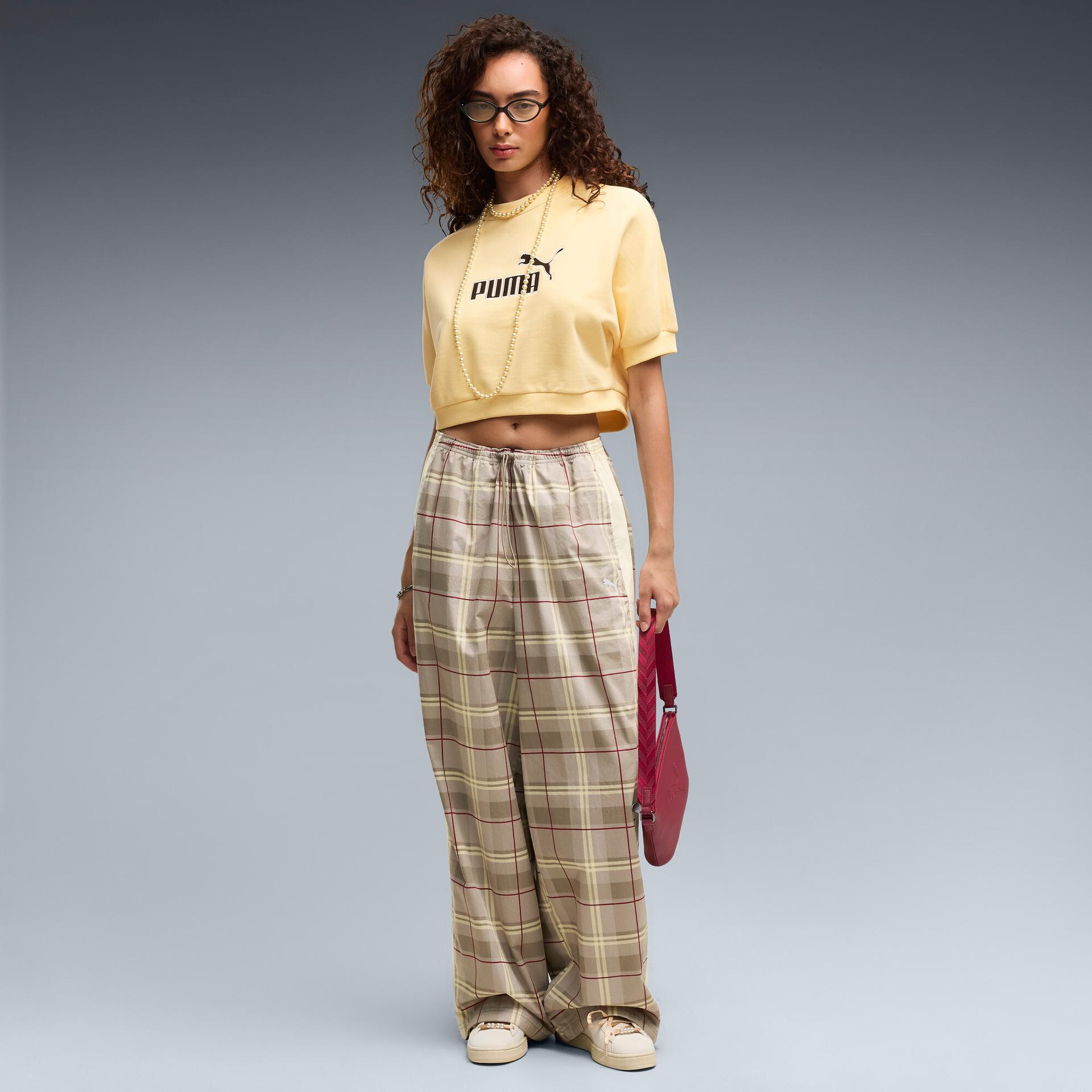 puma t7 women's relaxed tartan pants in beige, size xl