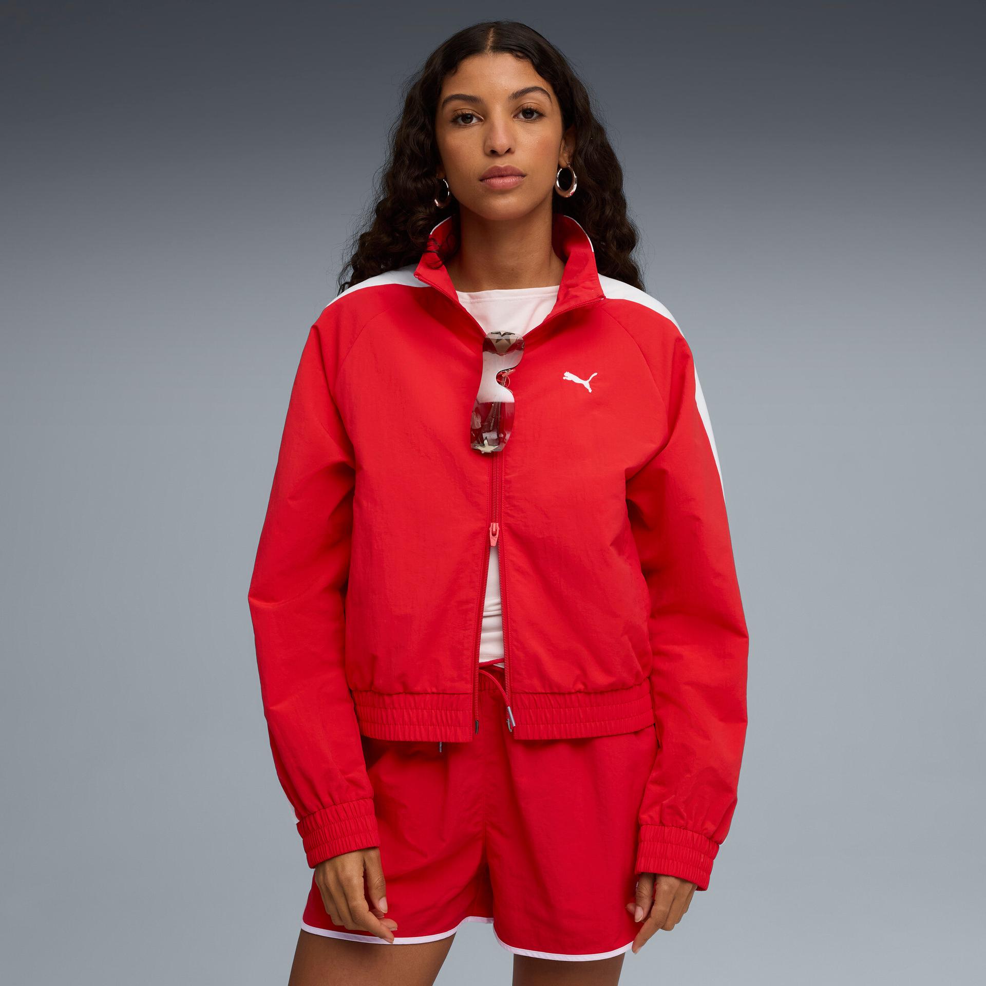 puma t7 women's relaxed track jacket in red, size m