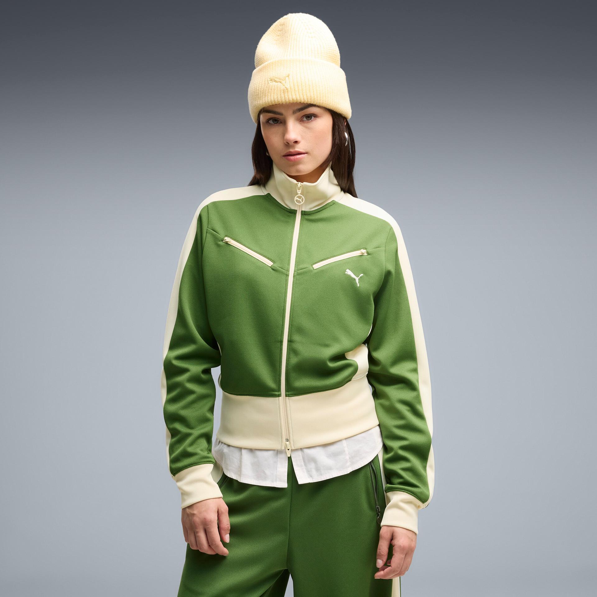 puma t7 women's retro track jacket in green, size s